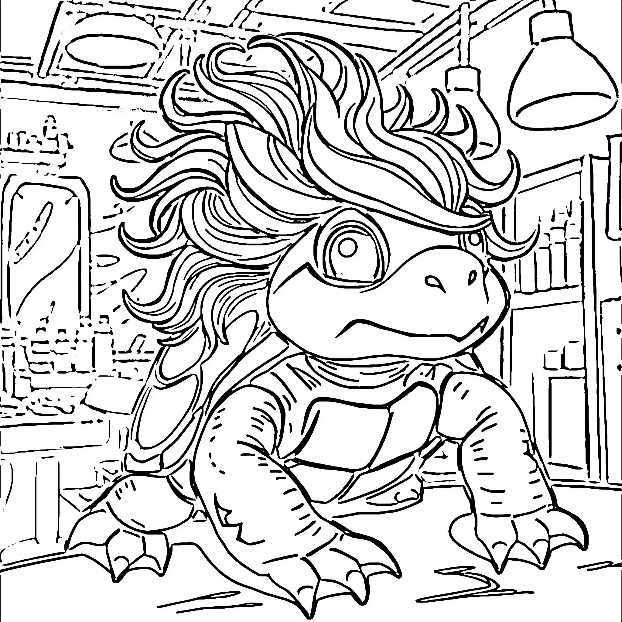 Turtle enjoying the cozy workshop Coloring Page (free black-and-white line drawing printable PDF for all, from beginners to advanced learners, including children, teens, adults, and seniors)