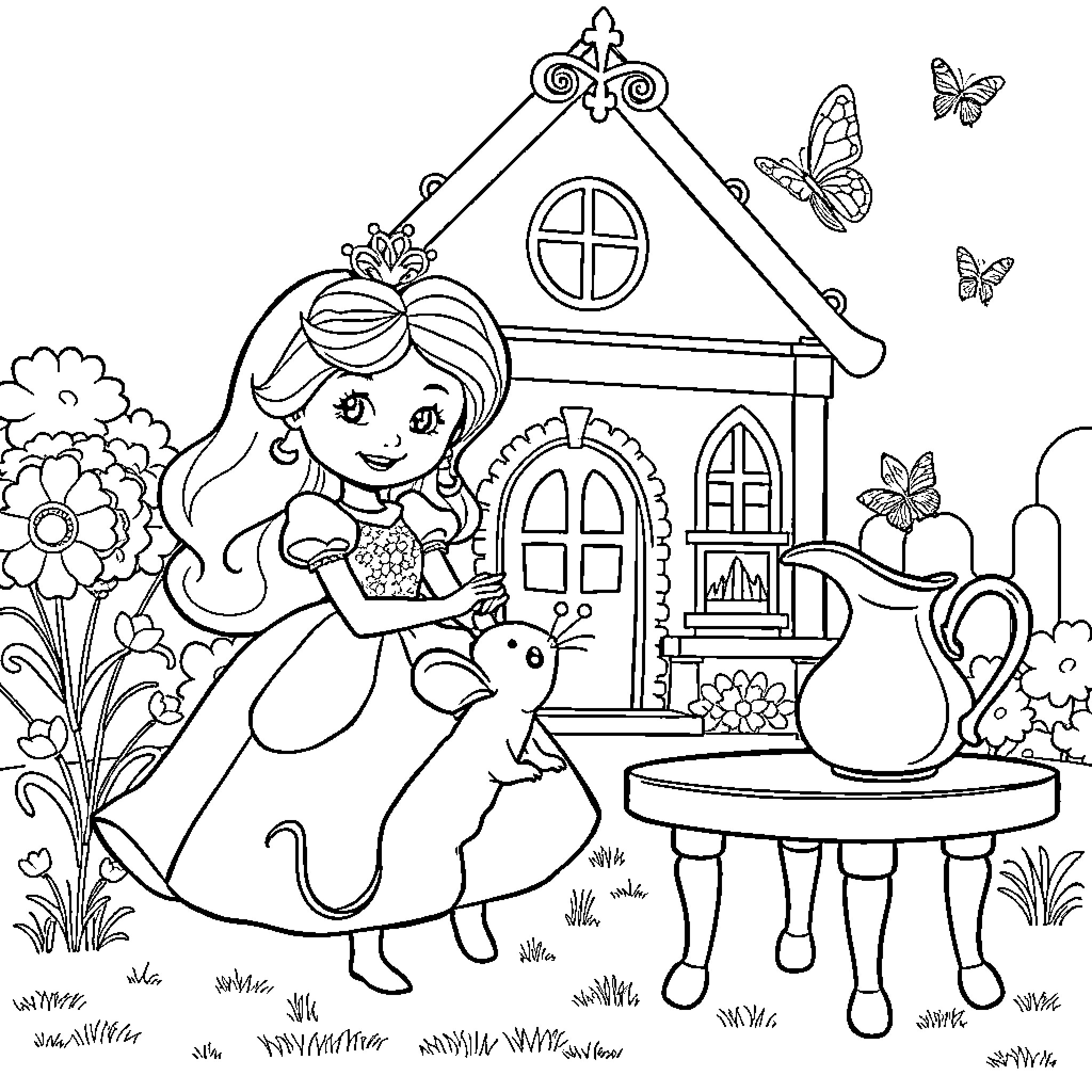 Princess enjoying tea party in enchanted garden Coloring Page (free black-and-white line drawing printable PDF for all, from beginners to advanced learners, including children, teens, adults, and seniors)