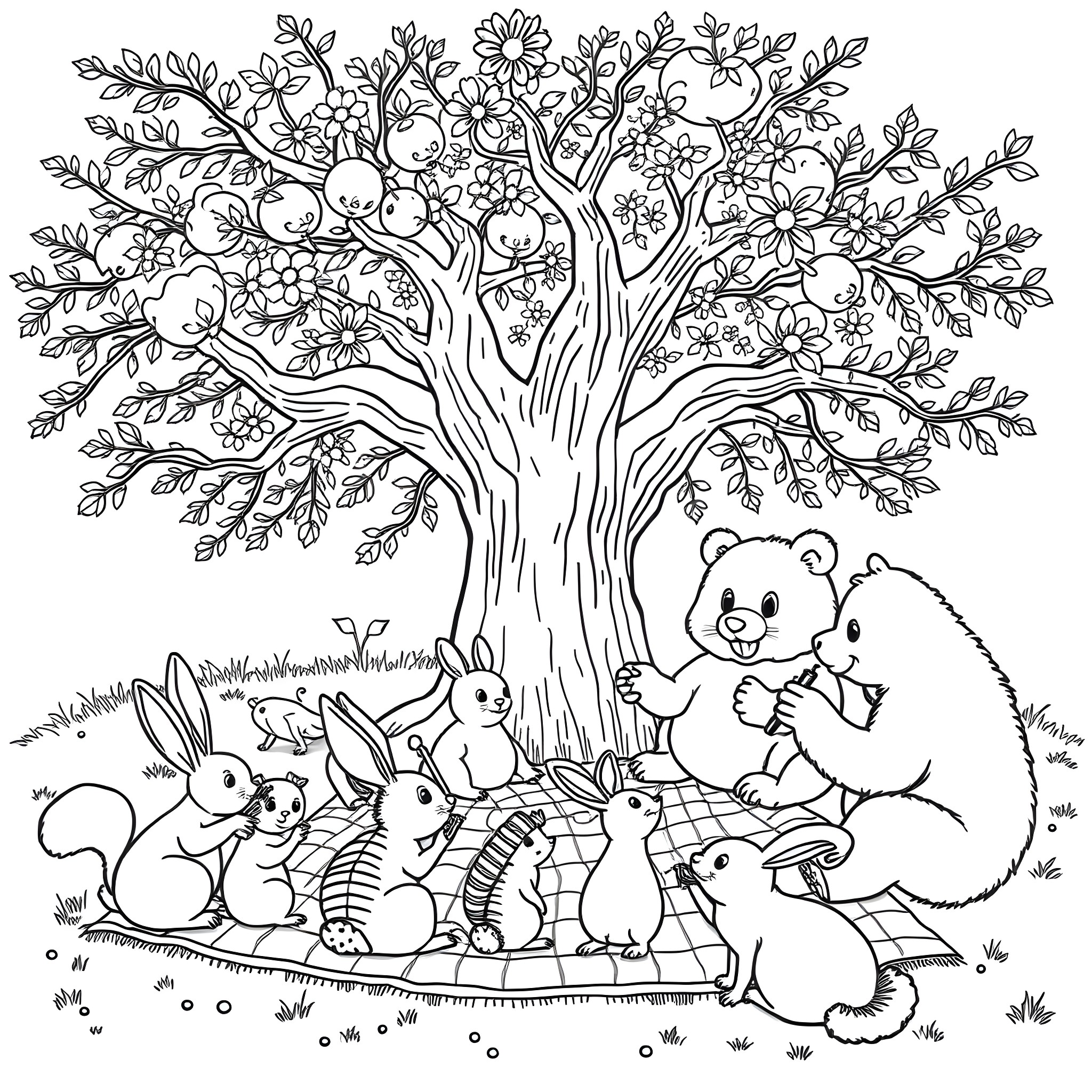 Animal forest friends enjoying the outdoors Coloring Page (free black-and-white line drawing printable PDF for all, from beginners to advanced learners, including children, teens, adults, and seniors)