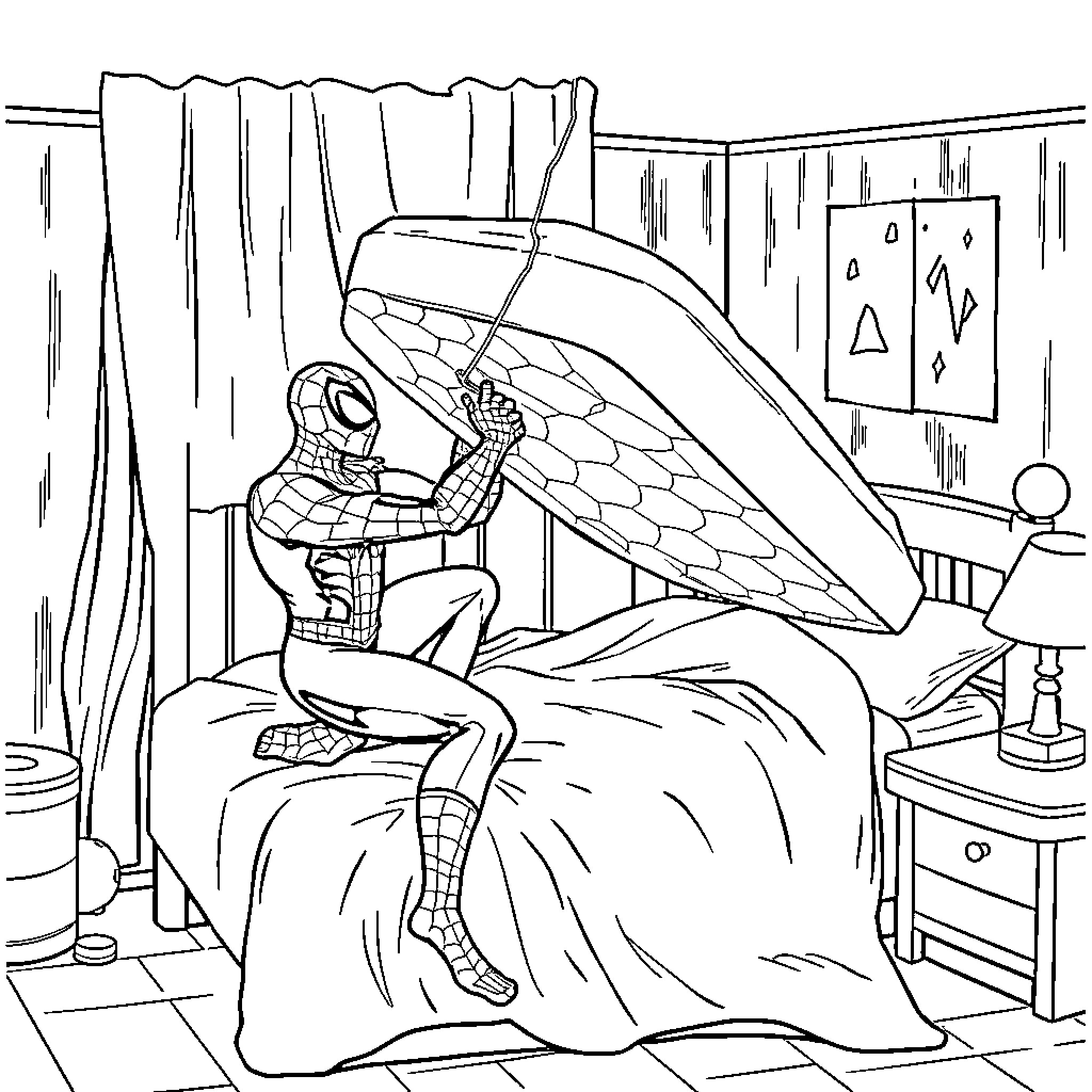 Spiderman resting on a bed after a heroic mission Coloring Page (free black-and-white line drawing printable PDF for all, from beginners to advanced learners, including children, teens, adults, and seniors)