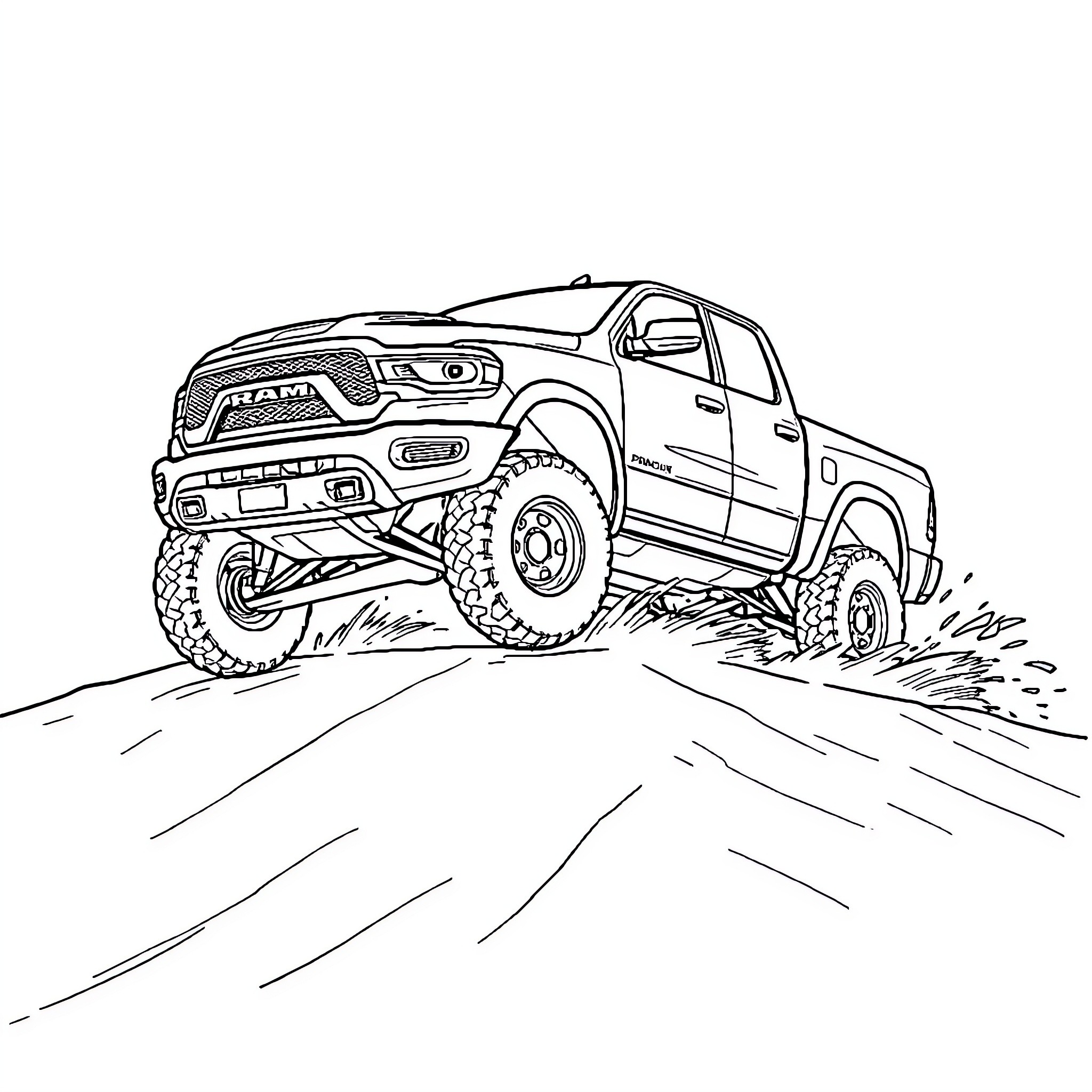 Ram off-road truck traversing rugged terrain Coloring Page (free black-and-white line drawing printable PDF for all, from beginners to advanced learners, including children, teens, adults, and seniors)
