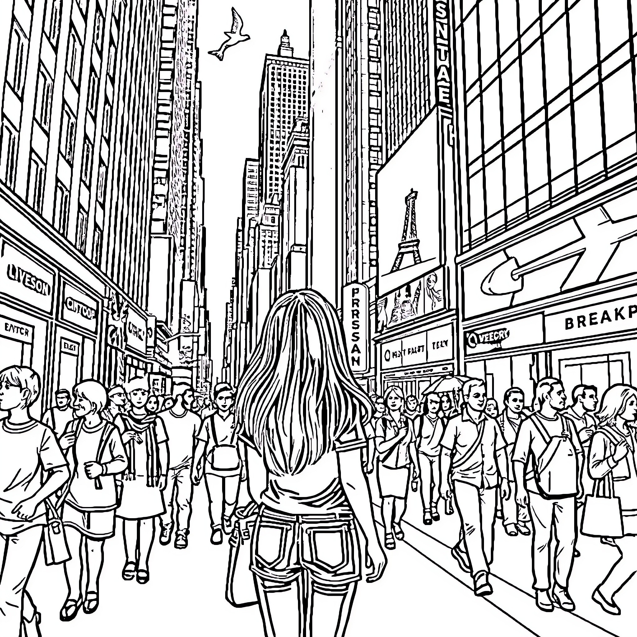 Girl in the crowded city street scene Coloring Page (free black-and-white line drawing printable PDF for all, from beginners to advanced learners, including children, teens, adults, and seniors)