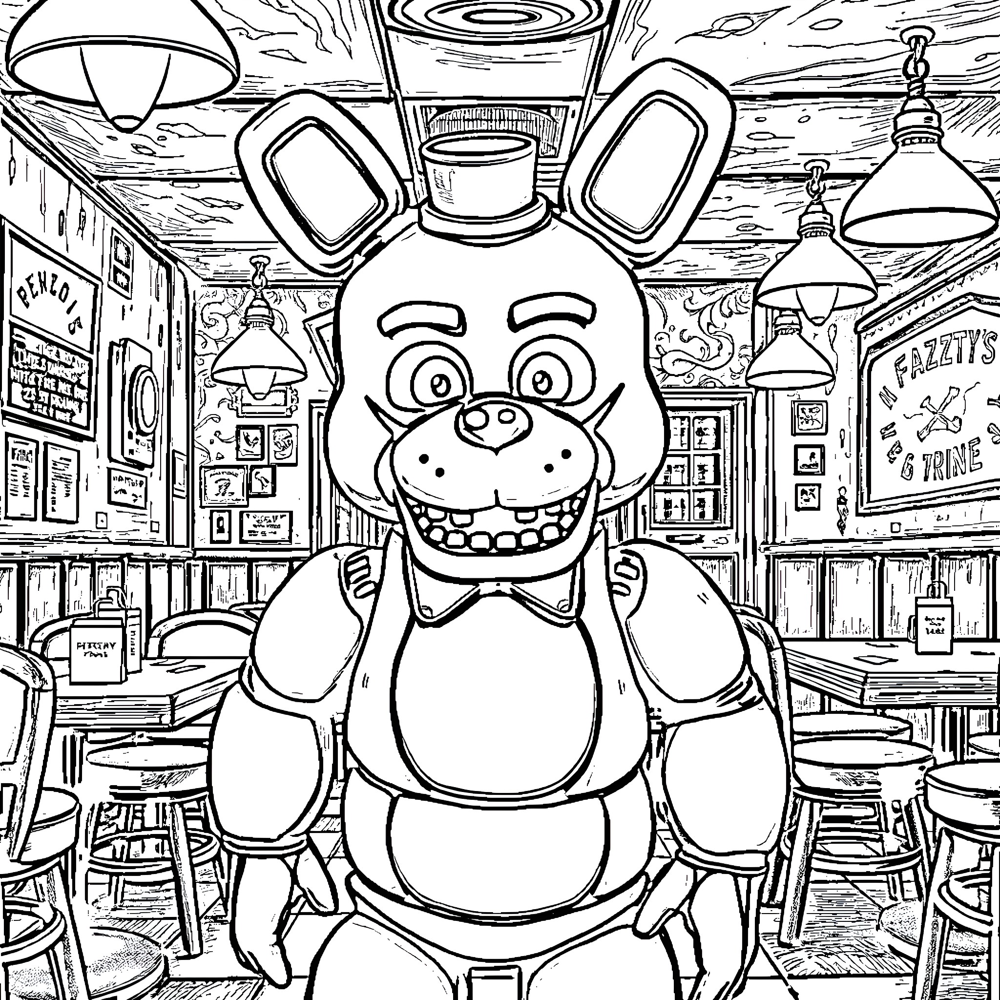 Freddy's Unsettling Smile in Diner Atmosphere Coloring Page (free black-and-white line drawing printable PDF for all, from beginners to advanced learners, including children, teens, adults, and seniors)
