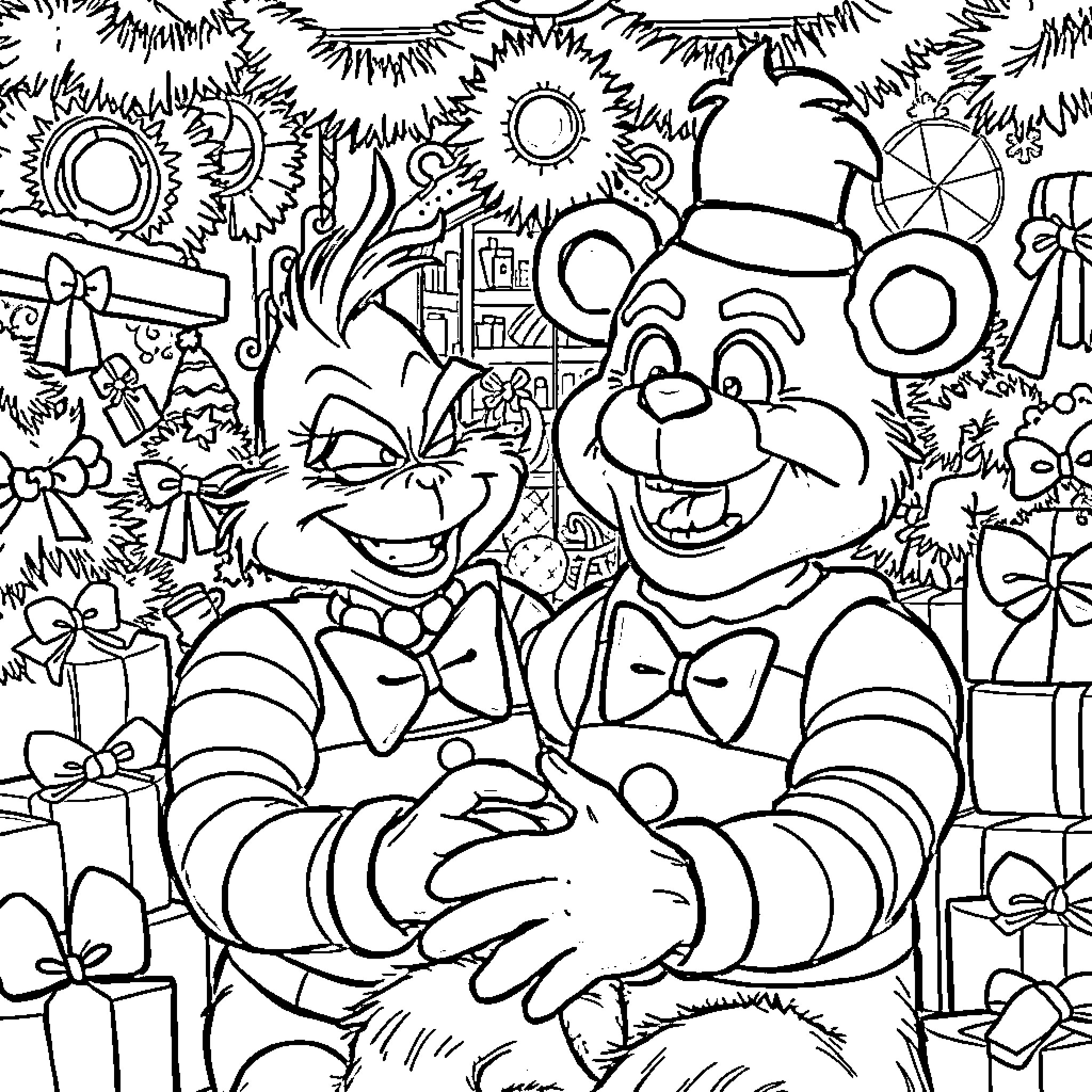 Freddy Fazbear and Chica Celebrating Christmas Festivities Coloring Page (free black-and-white line drawing printable PDF for all, from beginners to advanced learners, including children, teens, adults, and seniors)
