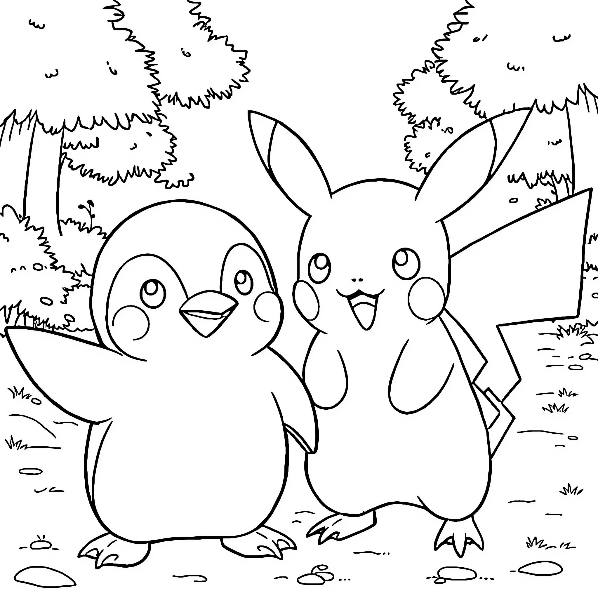Pororo and friends exploring the forest Coloring Page (free black-and-white line drawing printable PDF for all, from beginners to advanced learners, including children, teens, adults, and seniors)