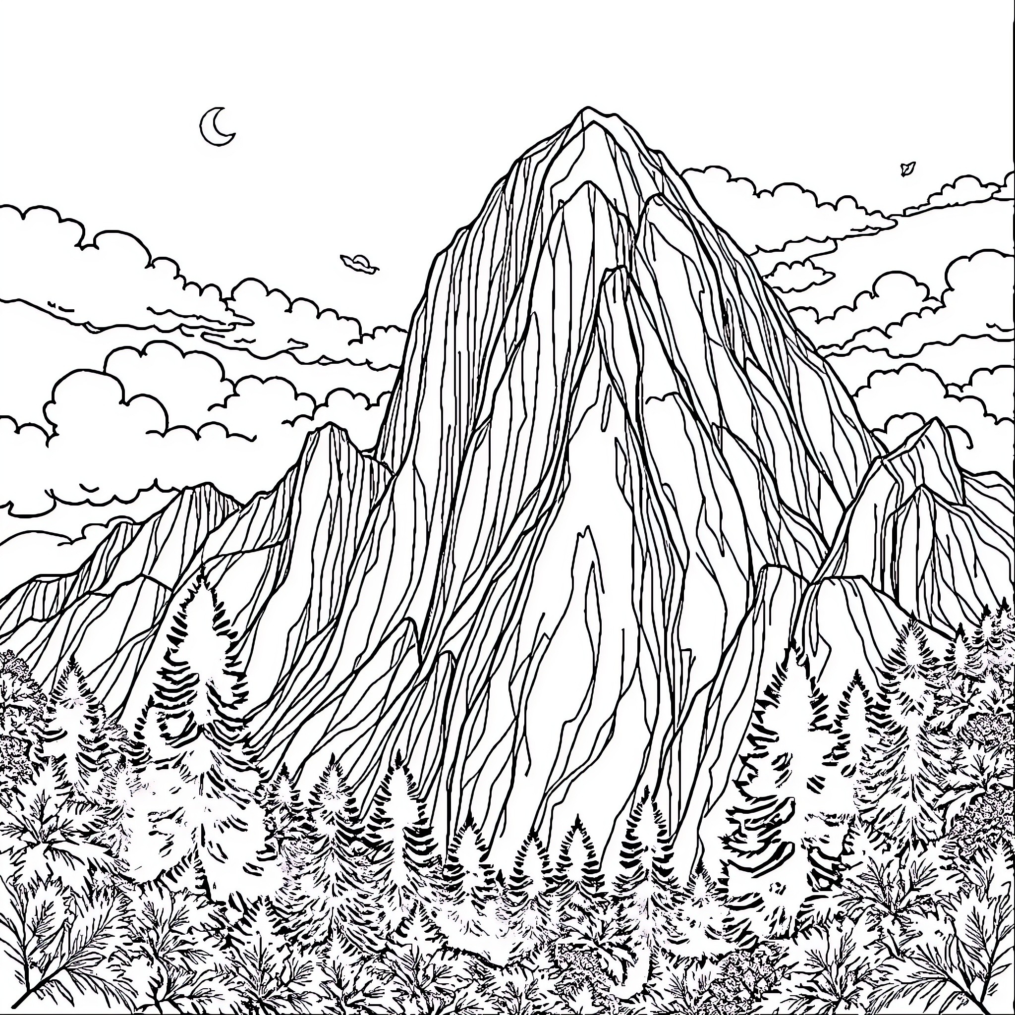 Mountain landscape with dense forest and cloudy sky Coloring Page (free black-and-white line drawing printable PDF for all, from beginners to advanced learners, including children, teens, adults, and seniors)