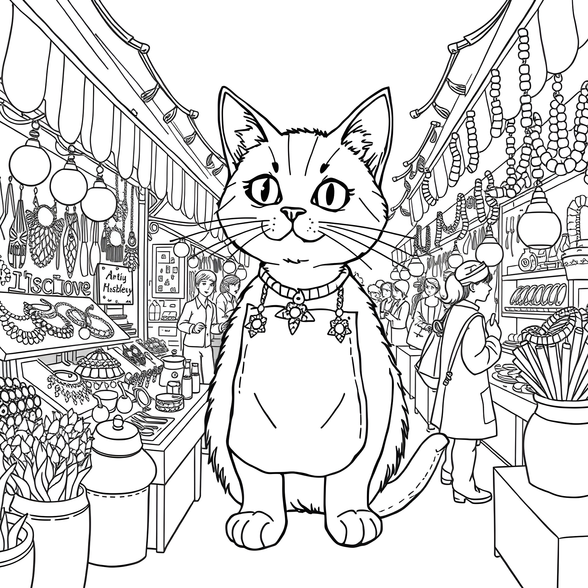 Cat exploring a bustling market scene Coloring Page (free black-and-white line drawing printable PDF for all, from beginners to advanced learners, including children, teens, adults, and seniors)
