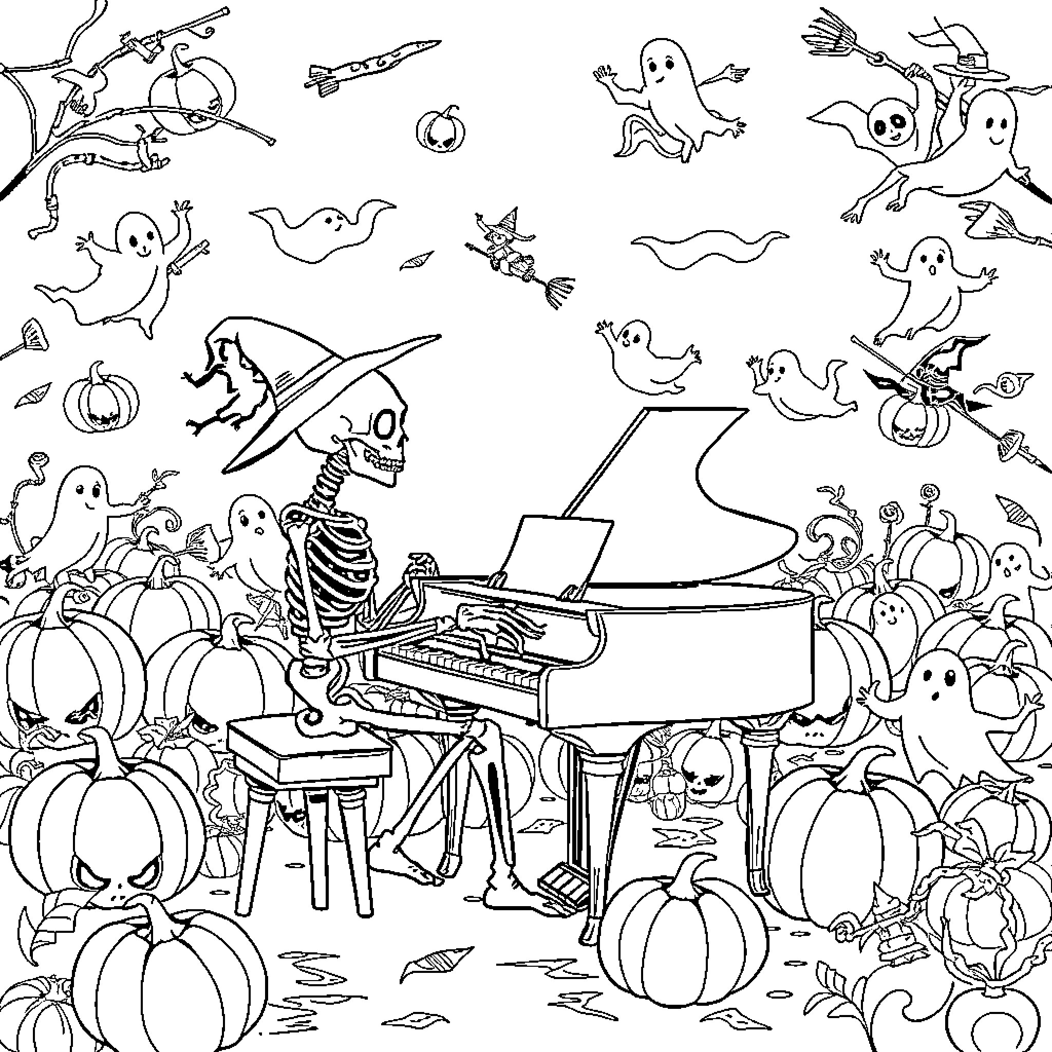 Skeleton playing spooky piano amidst Halloween ghosts Coloring Page (free black-and-white line drawing printable PDF for all, from beginners to advanced learners, including children, teens, adults, and seniors)