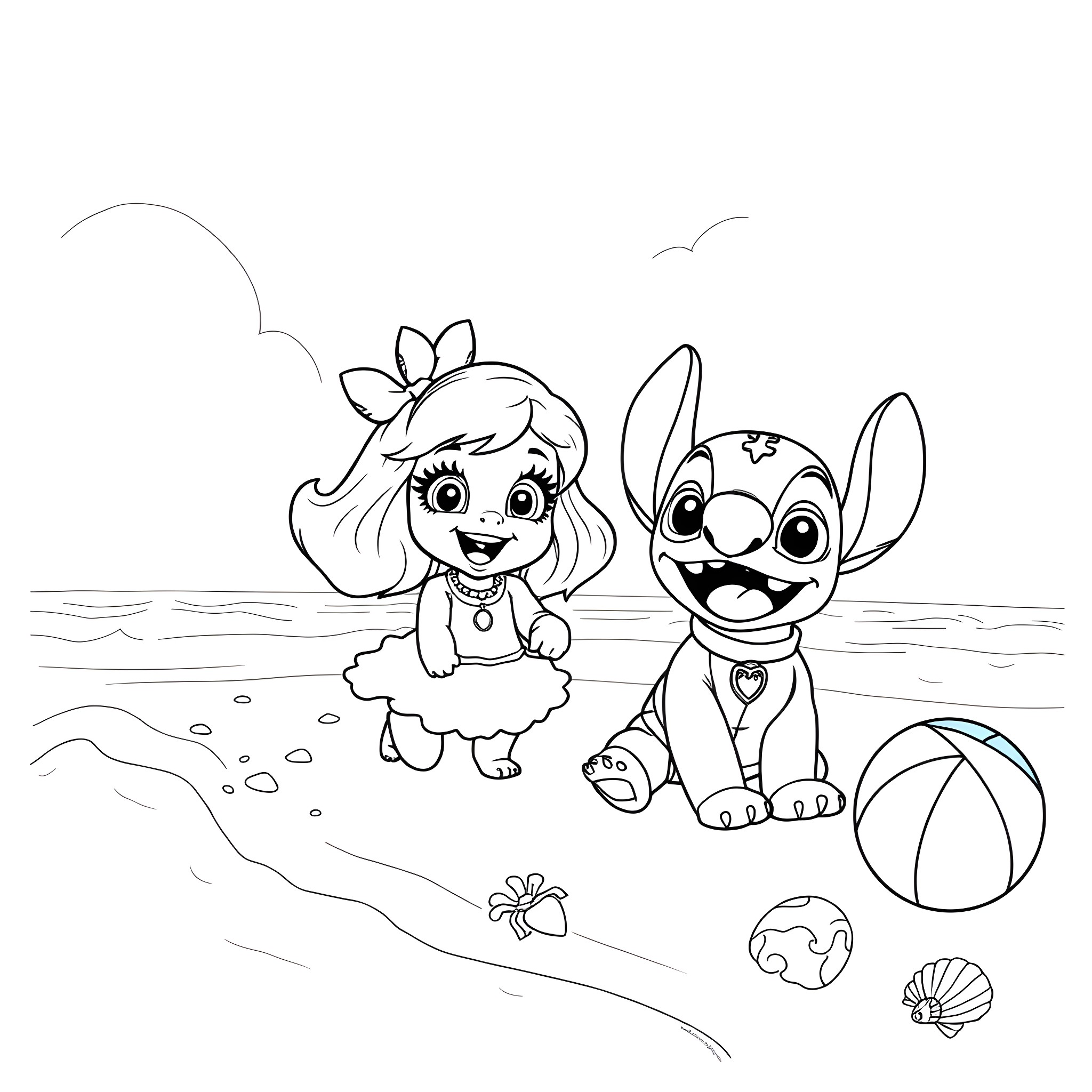 Stella and Stitch playing on the beach Coloring Page (free black-and-white line drawing printable PDF for all, from beginners to advanced learners, including children, teens, adults, and seniors)