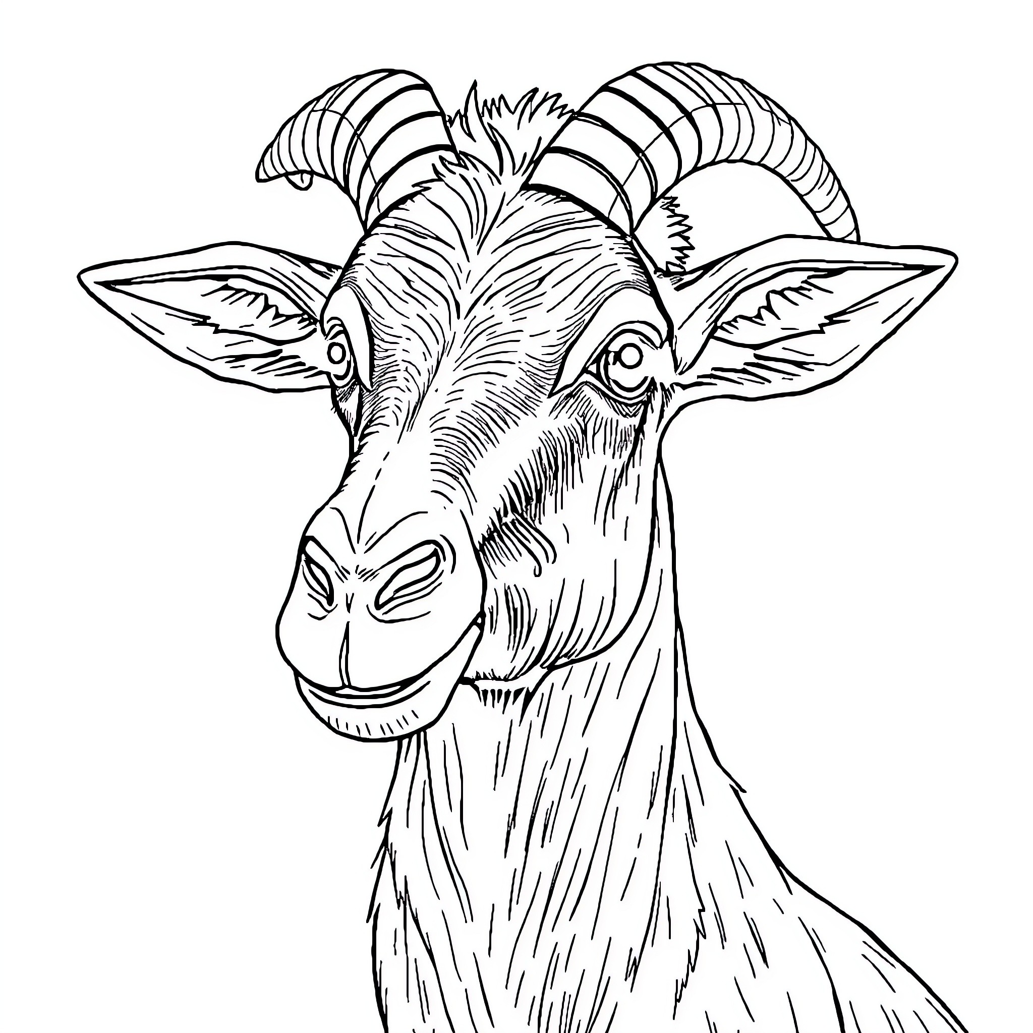 Goat with expressive features and ornamental horns Coloring Page (free black-and-white line drawing printable PDF for all, from beginners to advanced learners, including children, teens, adults, and seniors)