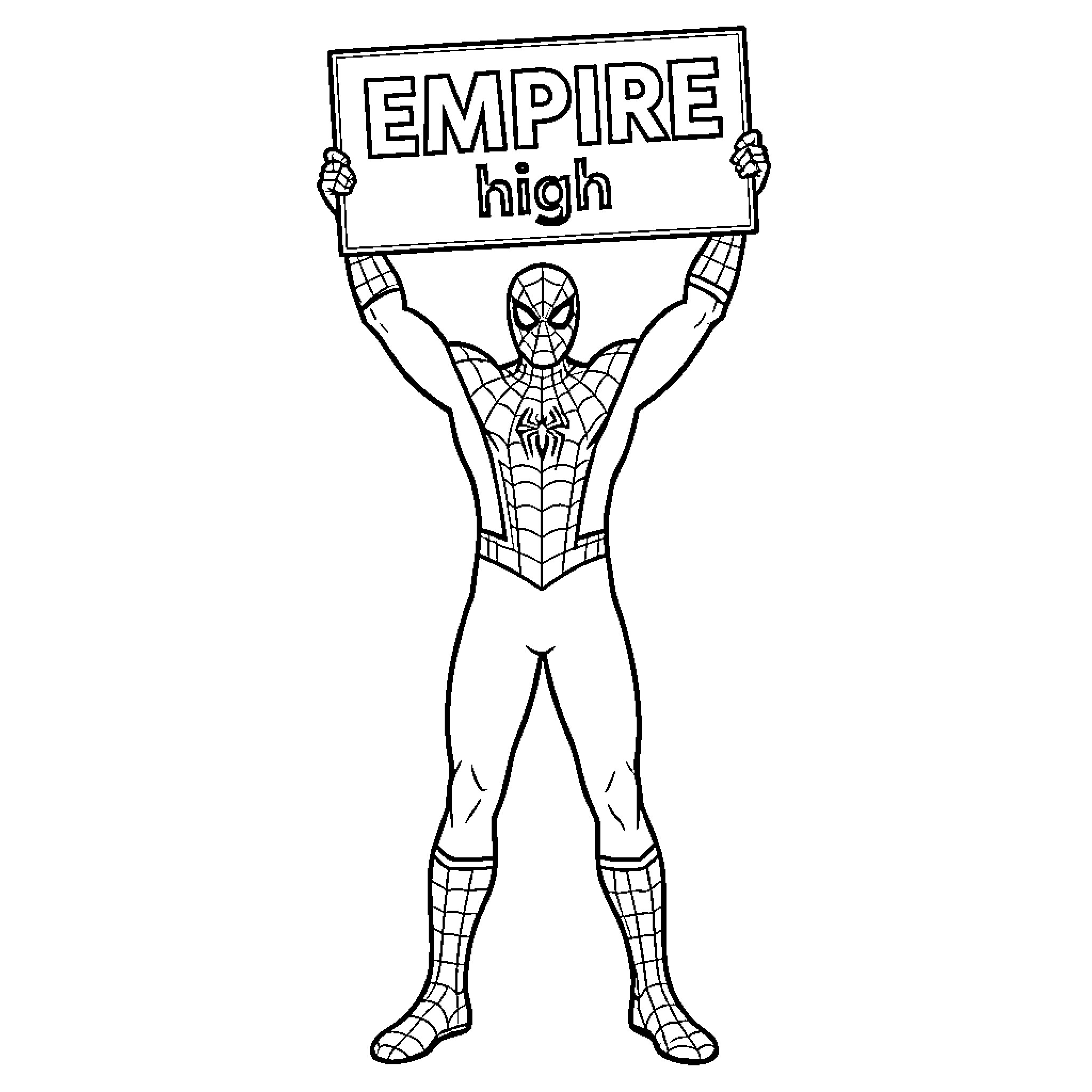 Spiderman holding a large sign above his head Coloring Page (free black-and-white line drawing printable PDF for all, from beginners to advanced learners, including children, teens, adults, and seniors)