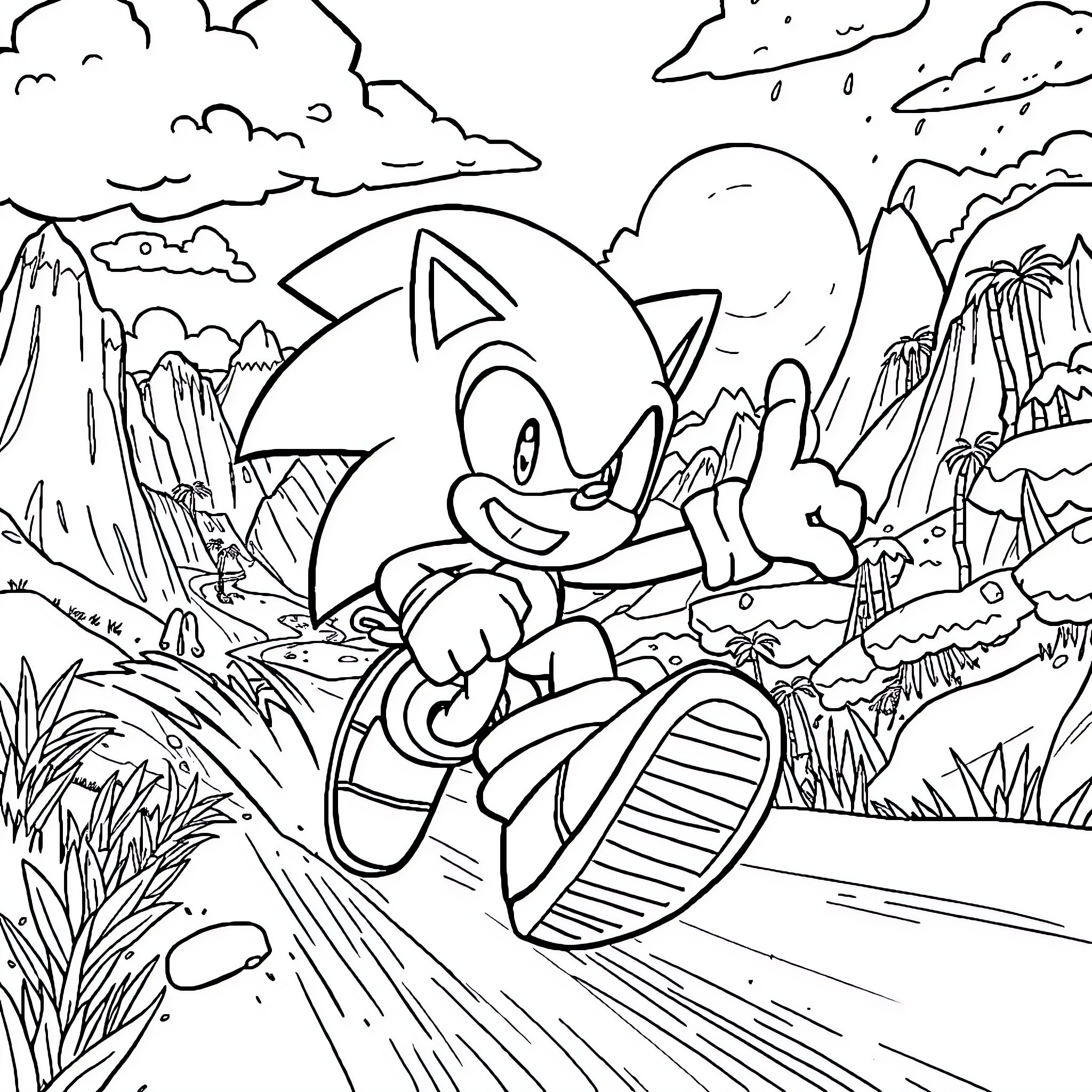 Sonic Running Through Vibrant Landscape Coloring Page (free black-and-white line drawing printable PDF for all, from beginners to advanced learners, including children, teens, adults, and seniors)