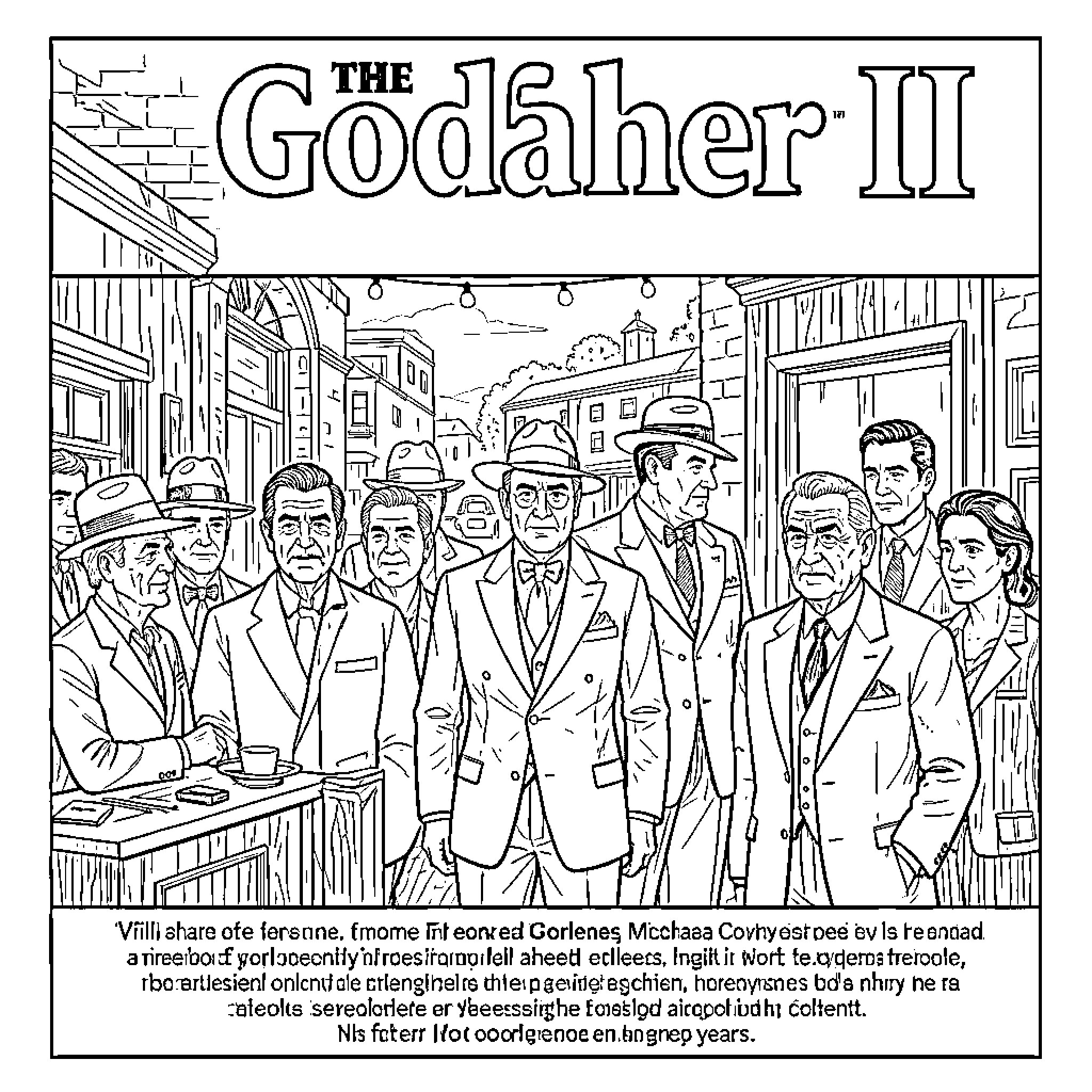 The Godfather characters standing together in a formal group Coloring Page (free black-and-white line drawing printable PDF for all, from beginners to advanced learners, including children, teens, adults, and seniors)