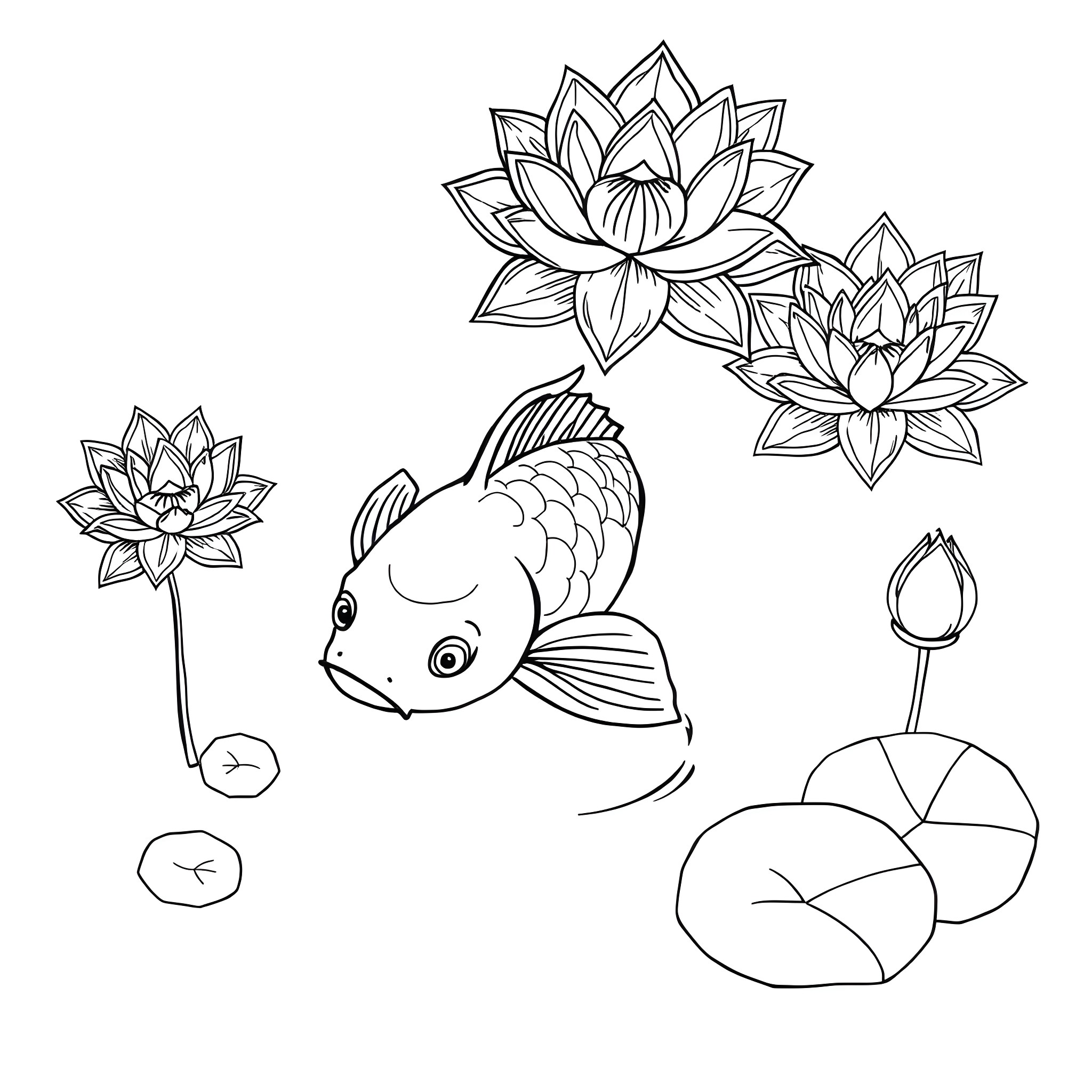 Koi Fish swimming among lotus flowers Coloring Page (free black-and-white line drawing printable PDF for all, from beginners to advanced learners, including children, teens, adults, and seniors)