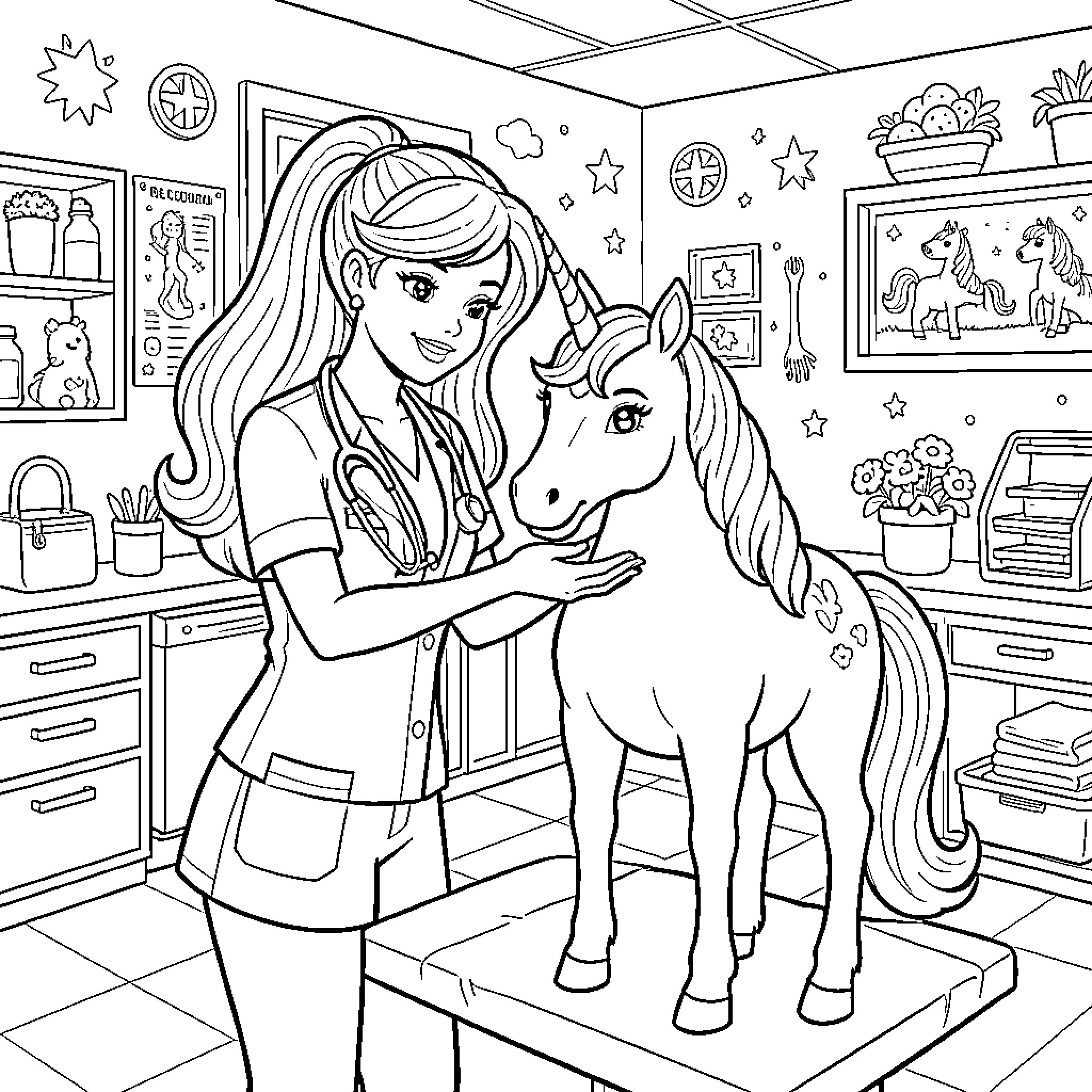 Barbie Veterinarian Caring for Magical Unicorn Coloring Page (free black-and-white line drawing printable PDF for all, from beginners to advanced learners, including children, teens, adults, and seniors)