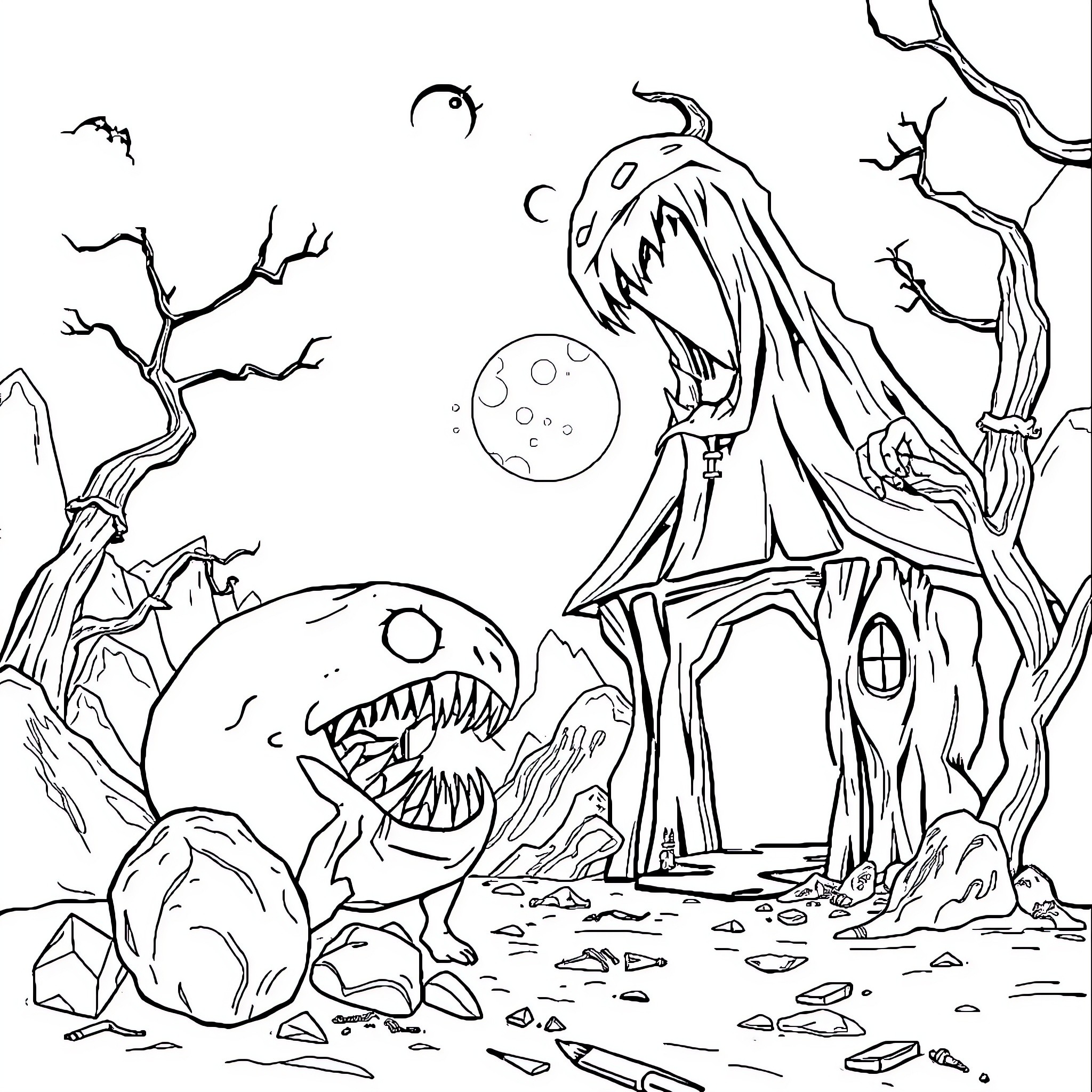 Meatcanyon's Haunting Creatures in Nightmarish Landscape Coloring Page (free black-and-white line drawing printable PDF for all, from beginners to advanced learners, including children, teens, adults, and seniors)