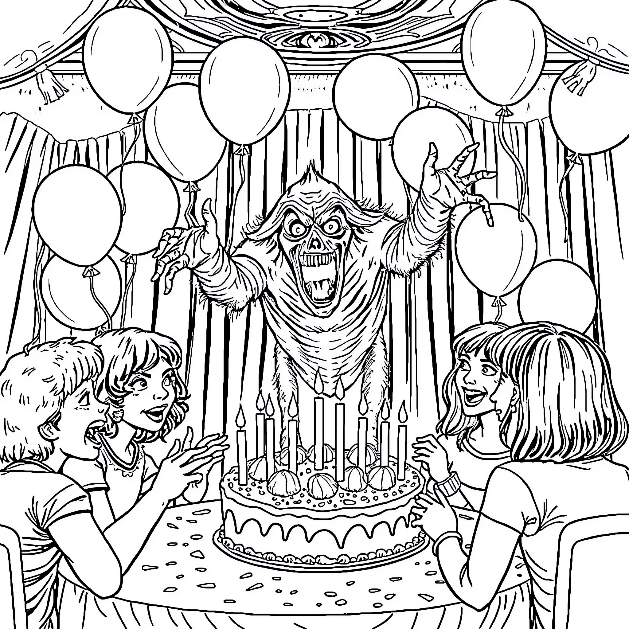 Stranger Things: Birthday Celebration with Supernatural Twist Coloring Page (free black-and-white line drawing printable PDF for all, from beginners to advanced learners, including children, teens, adults, and seniors)