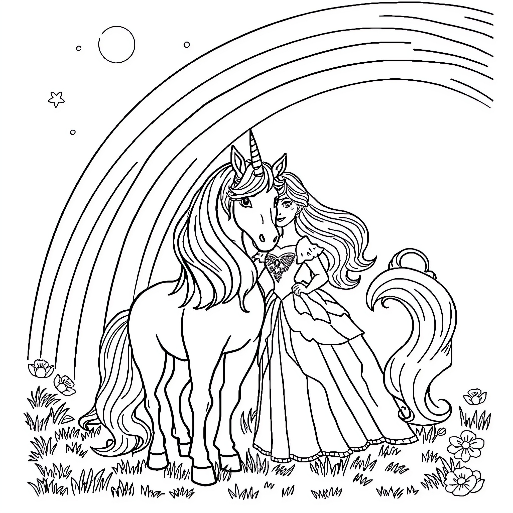 Unicorn princess in a magical fairy tale landscape Coloring Page (free black-and-white line drawing printable PDF for all, from beginners to advanced learners, including children, teens, adults, and seniors)