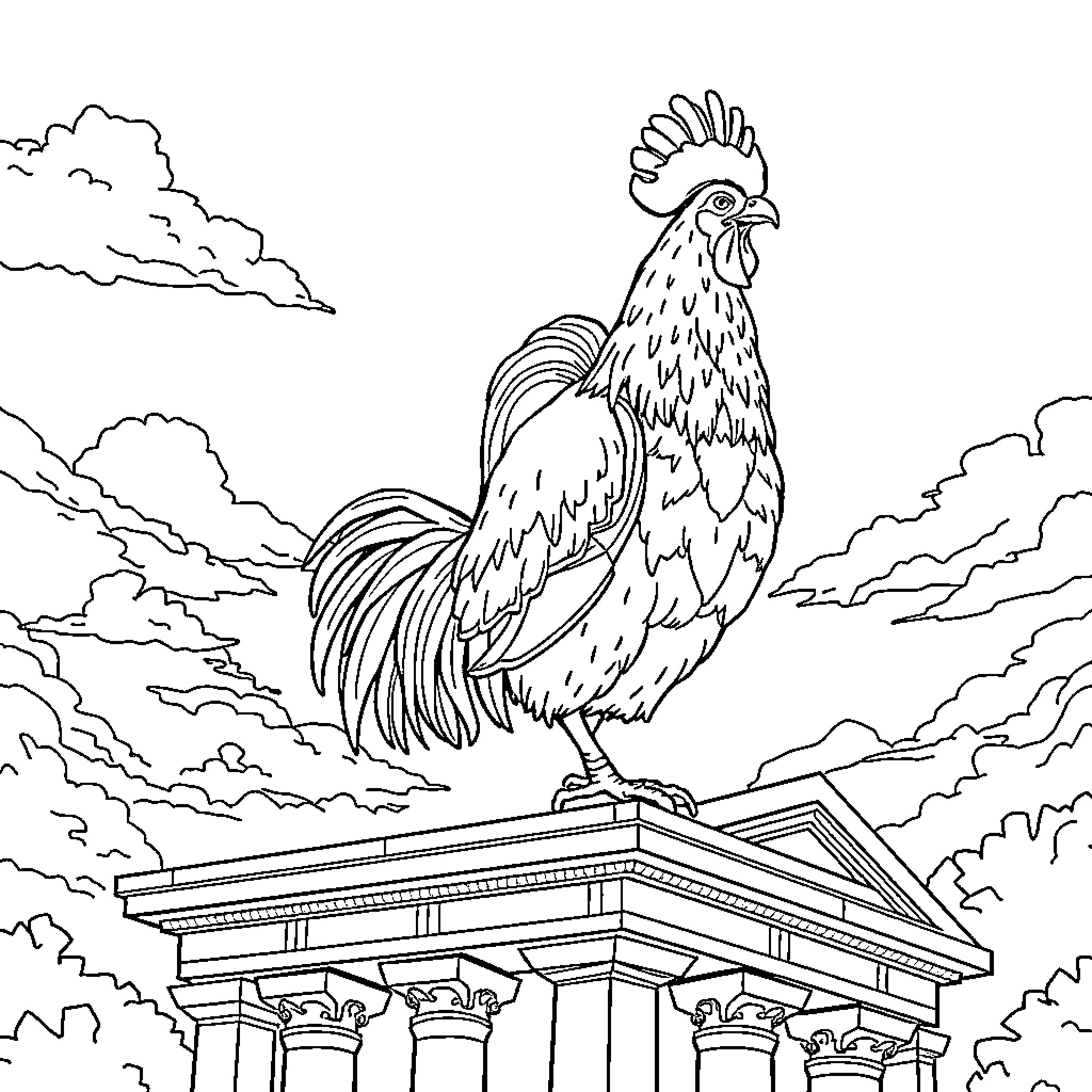 Alexander the Great's triumphant rooster atop ancient ruins Coloring Page (free black-and-white line drawing printable PDF for all, from beginners to advanced learners, including children, teens, adults, and seniors)