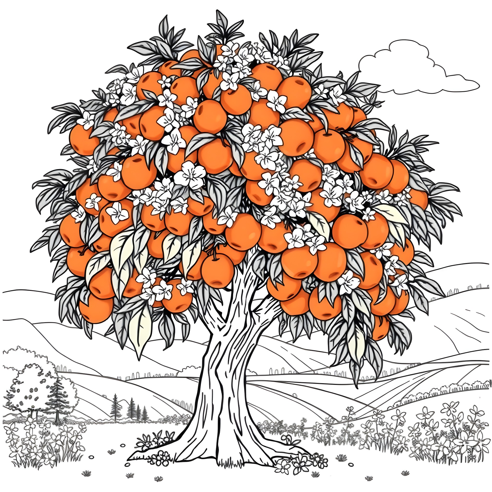 Apricot Tree Blooming with Abundant Fruit Coloring Page (free black-and-white line drawing printable PDF for all, from beginners to advanced learners, including children, teens, adults, and seniors)