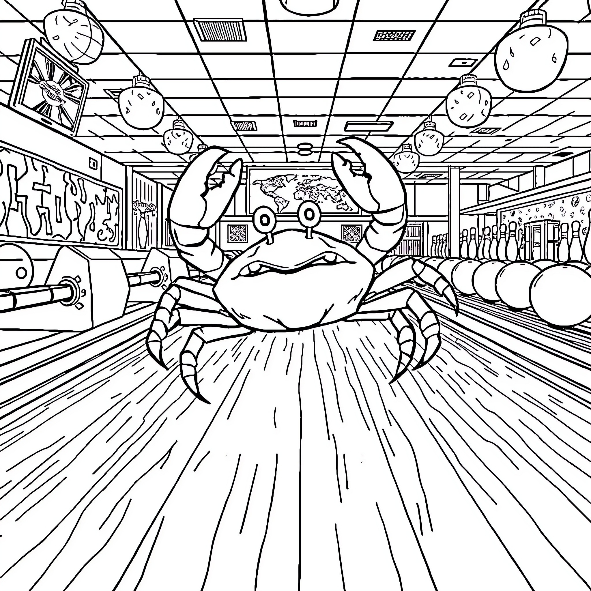 Crab Bowling in the Arcade Coloring Page (free black-and-white line drawing printable PDF for all, from beginners to advanced learners, including children, teens, adults, and seniors)