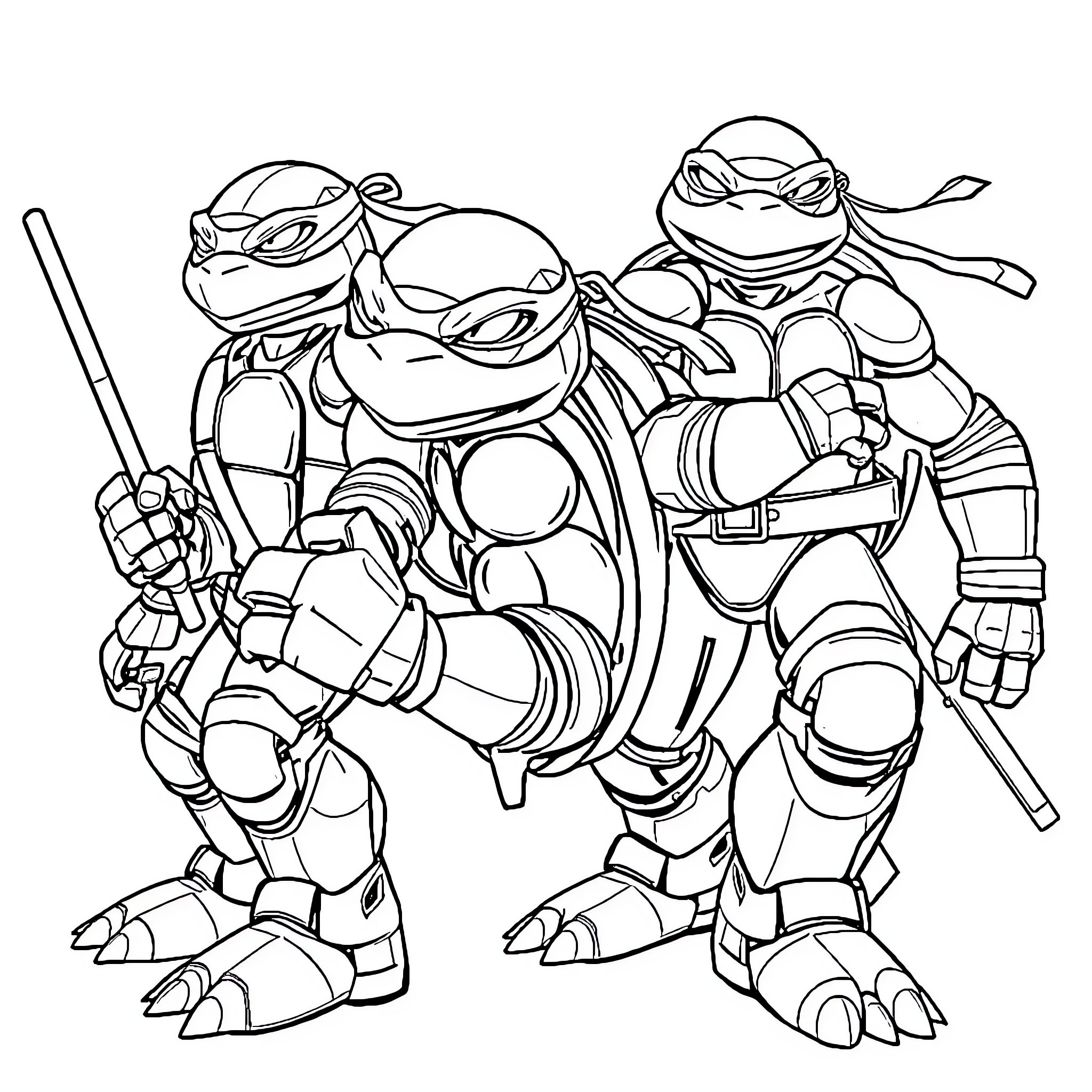 Robot Ninja Turtles Striking Poses Coloring Page (free black-and-white line drawing printable PDF for all, from beginners to advanced learners, including children, teens, adults, and seniors)