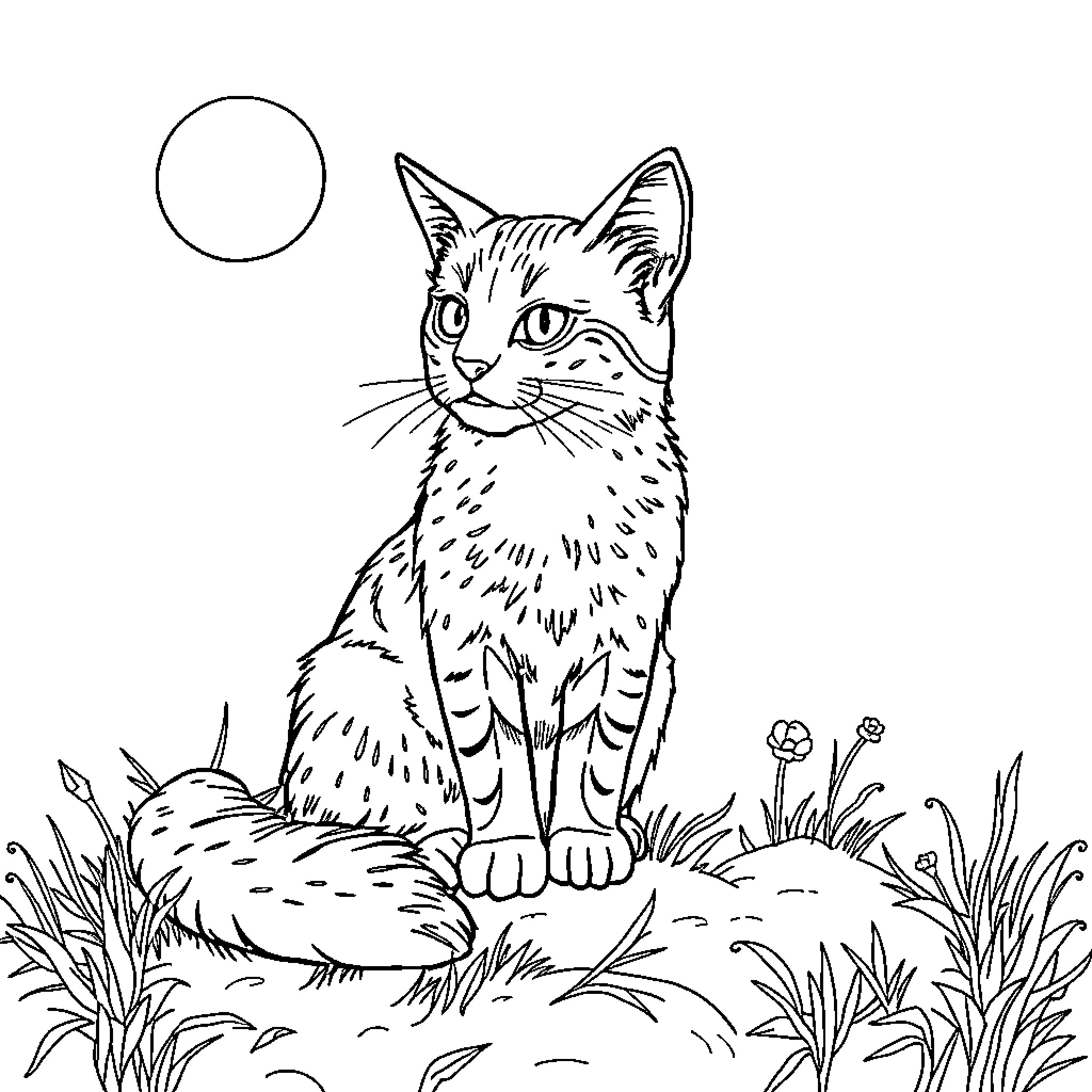 Paw-some feline friend in the meadow Coloring Page (free black-and-white line drawing printable PDF for all, from beginners to advanced learners, including children, teens, adults, and seniors)