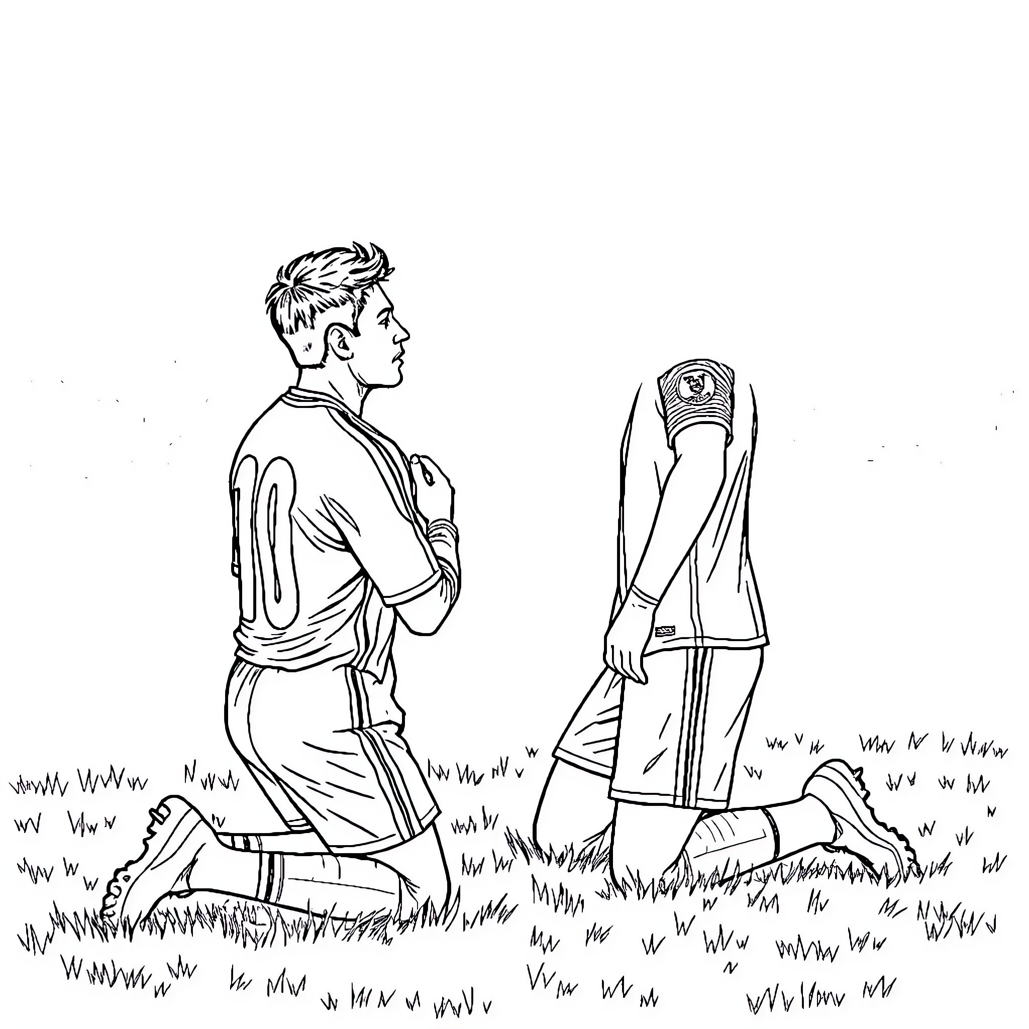 Ronaldo offering assistance to an injured player on the field Coloring Page (free black-and-white line drawing printable PDF for all, from beginners to advanced learners, including children, teens, adults, and seniors)