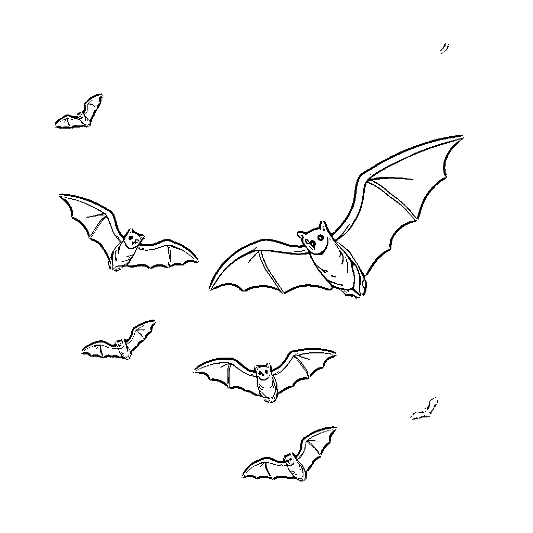 Bats in flight with outstretched wings Coloring Page (free black-and-white line drawing printable PDF for all, from beginners to advanced learners, including children, teens, adults, and seniors)