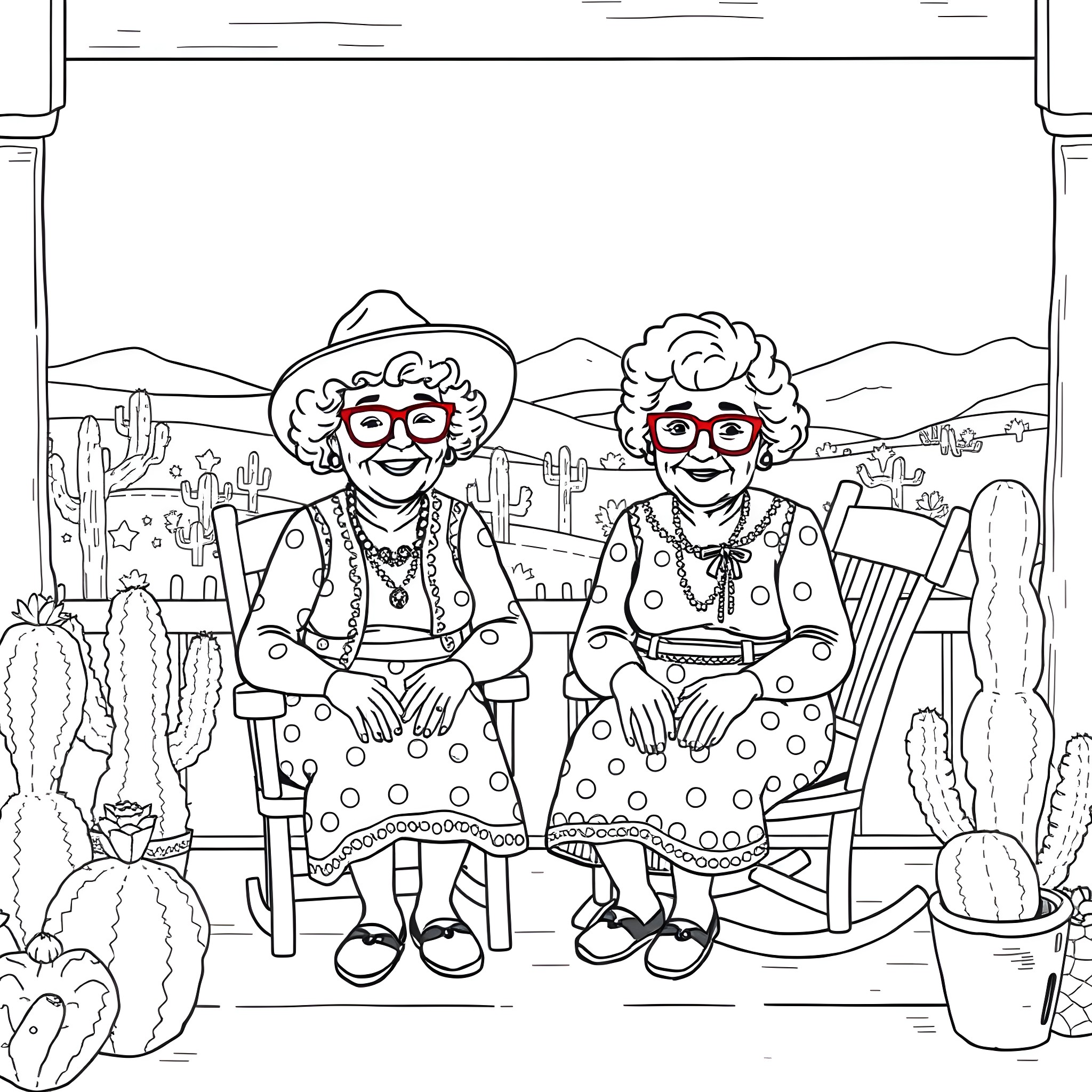 Bluey's Cowgirl Adventure with Grandma Coloring Page (free black-and-white line drawing printable PDF for all, from beginners to advanced learners, including children, teens, adults, and seniors)