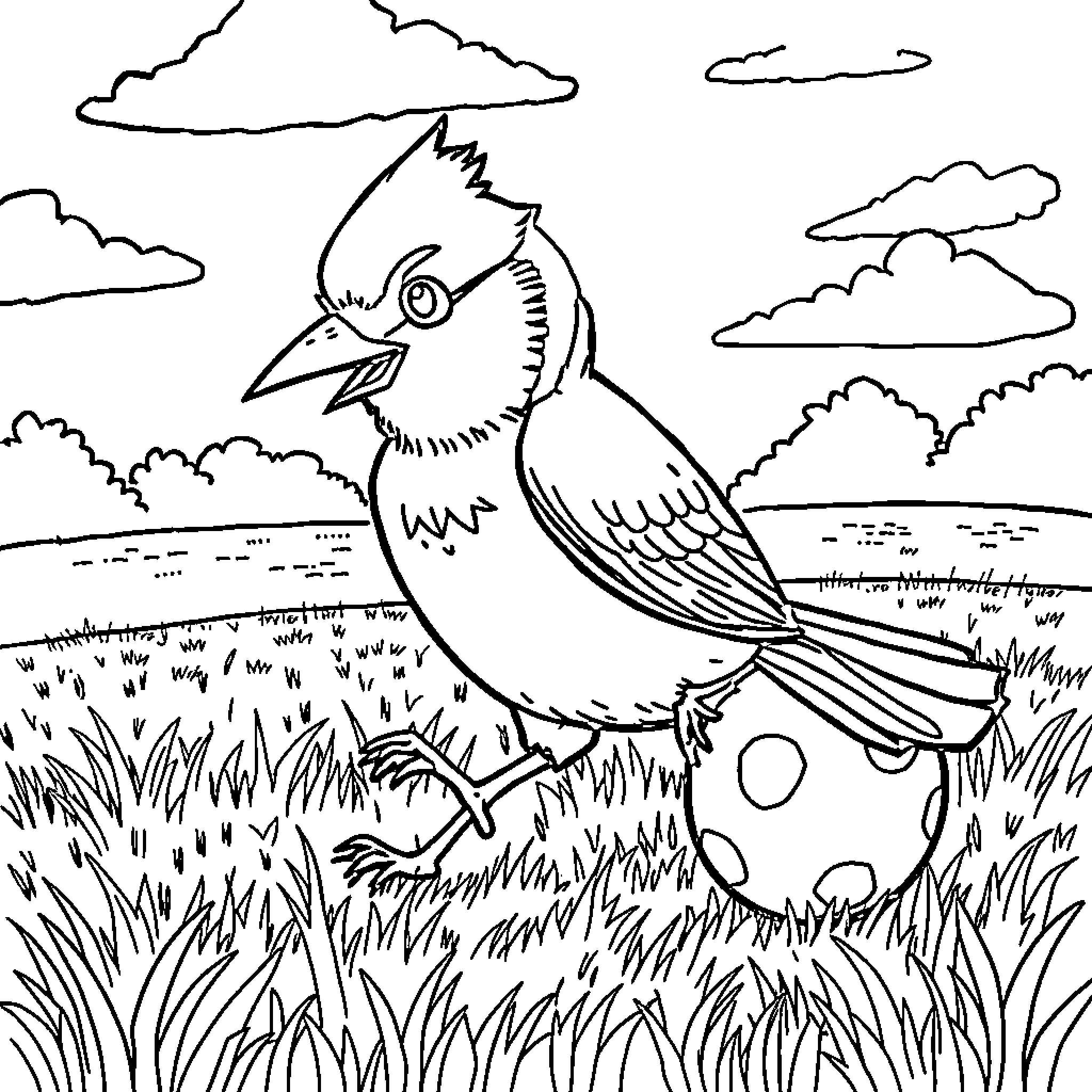 Bluejay exploring the outdoor landscape Coloring Page (free black-and-white line drawing printable PDF for all, from beginners to advanced learners, including children, teens, adults, and seniors)