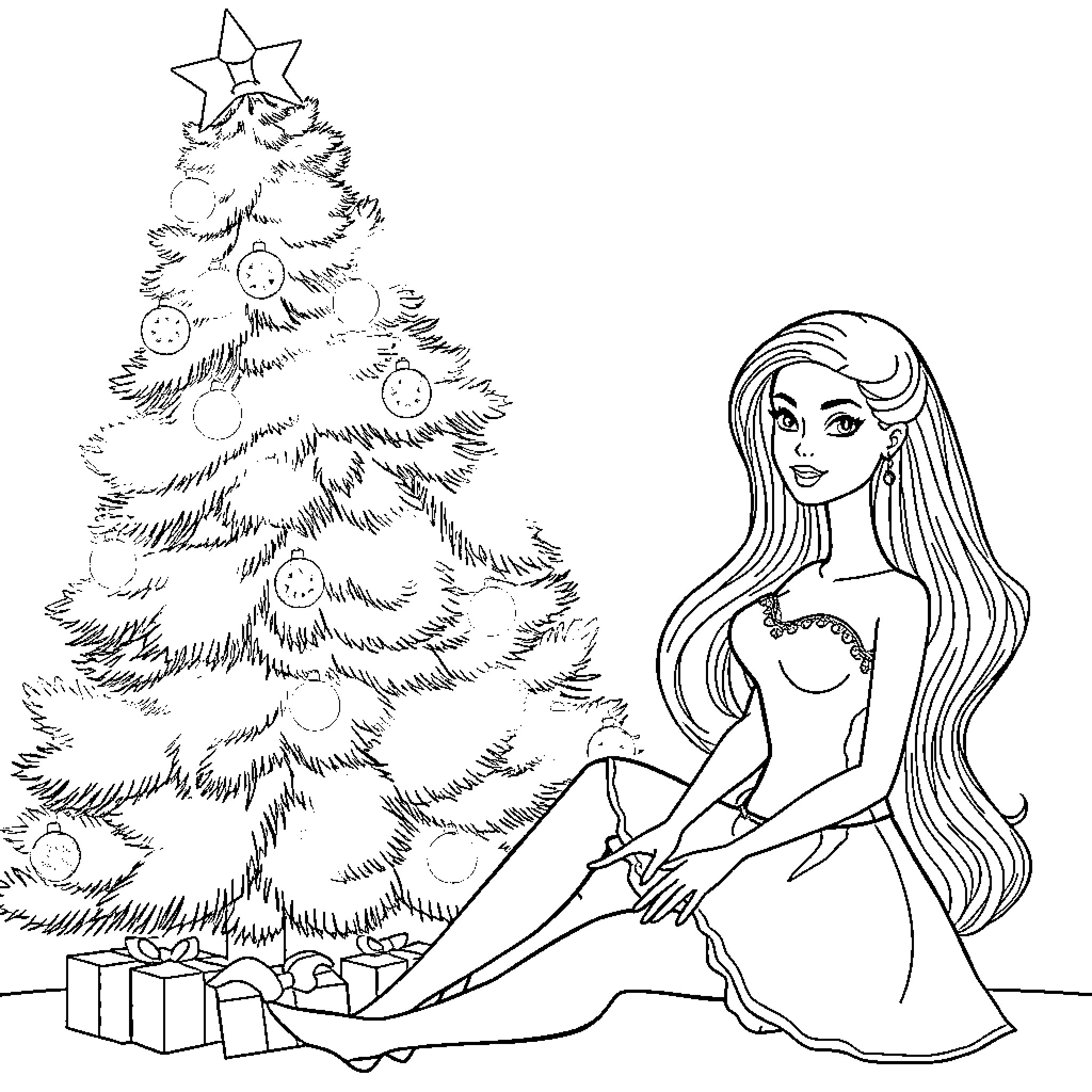 Barbie decorating Christmas tree with presents Coloring Page (free black-and-white line drawing printable PDF for all, from beginners to advanced learners, including children, teens, adults, and seniors)