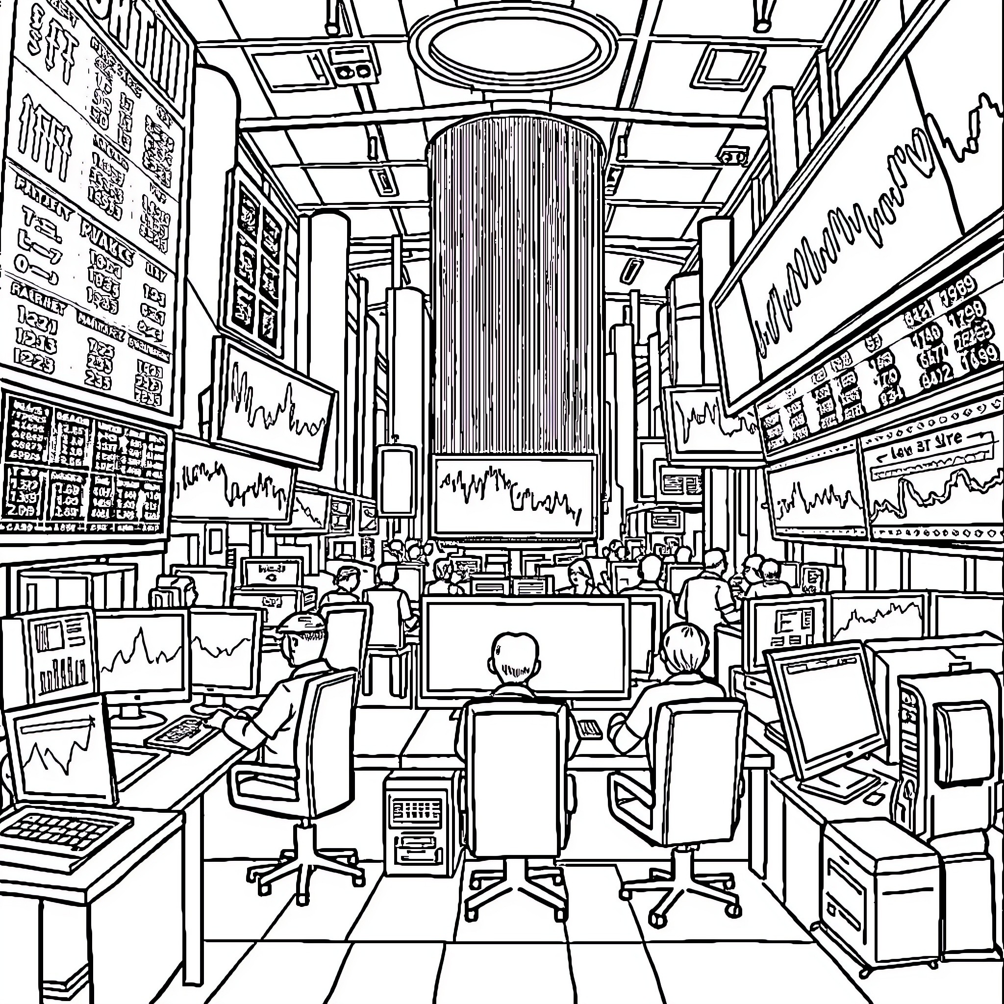Market activity in a bustling financial trading floor Coloring Page (free black-and-white line drawing printable PDF for all, from beginners to advanced learners, including children, teens, adults, and seniors)