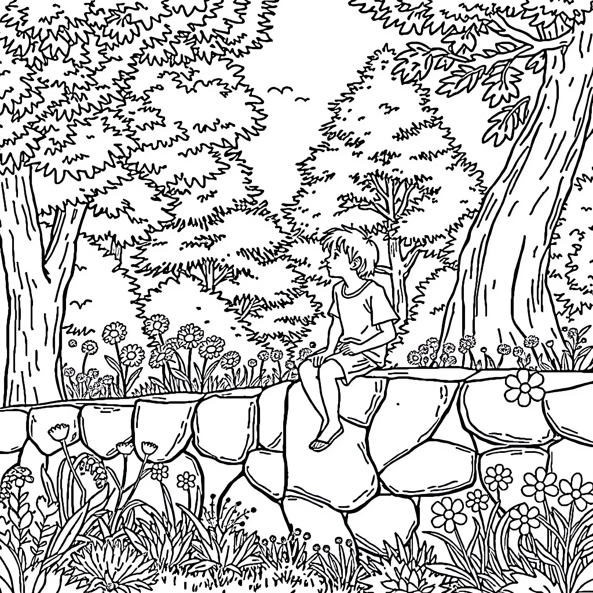 Boy relaxing in peaceful forest with wildflowers Coloring Page (free black-and-white line drawing printable PDF for all, from beginners to advanced learners, including children, teens, adults, and seniors)