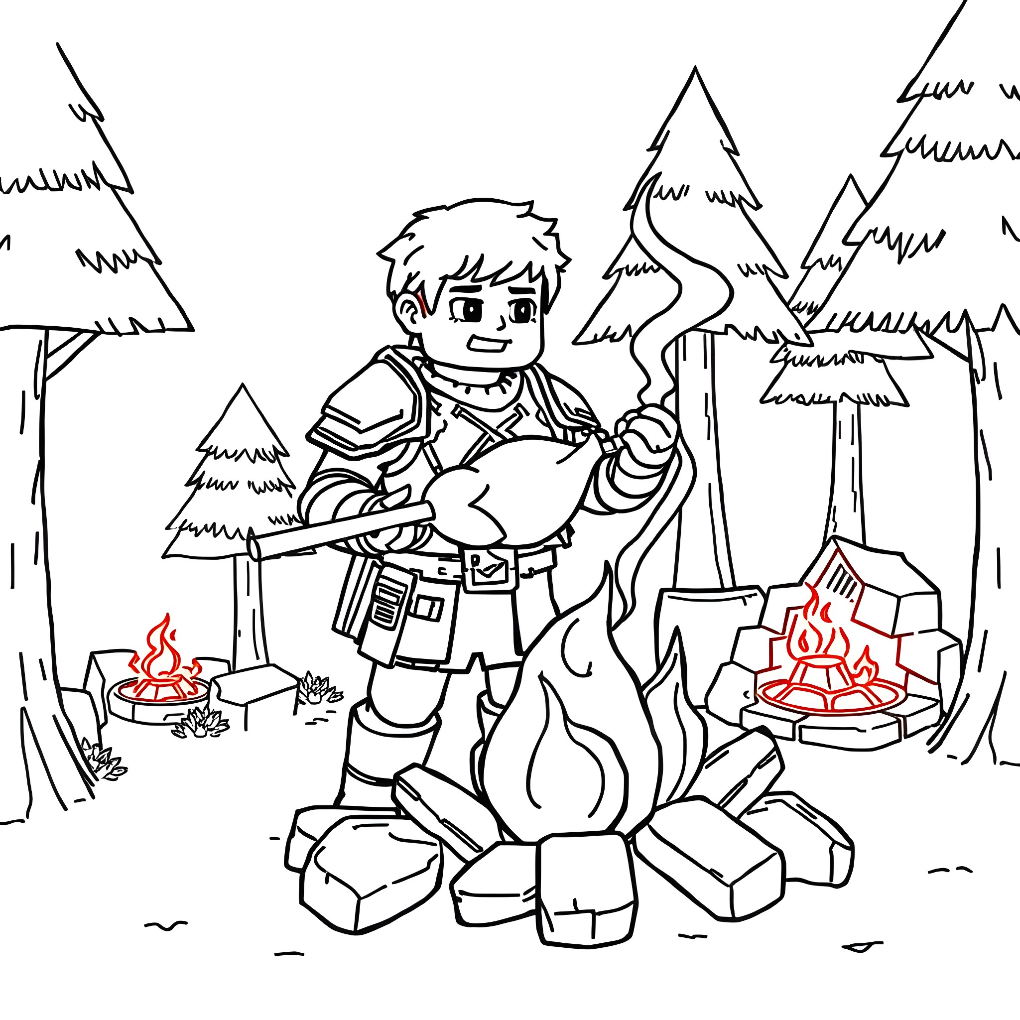 Steve's outdoor adventure with campfire and wildlife Coloring Page (free black-and-white line drawing printable PDF for all, from beginners to advanced learners, including children, teens, adults, and seniors)