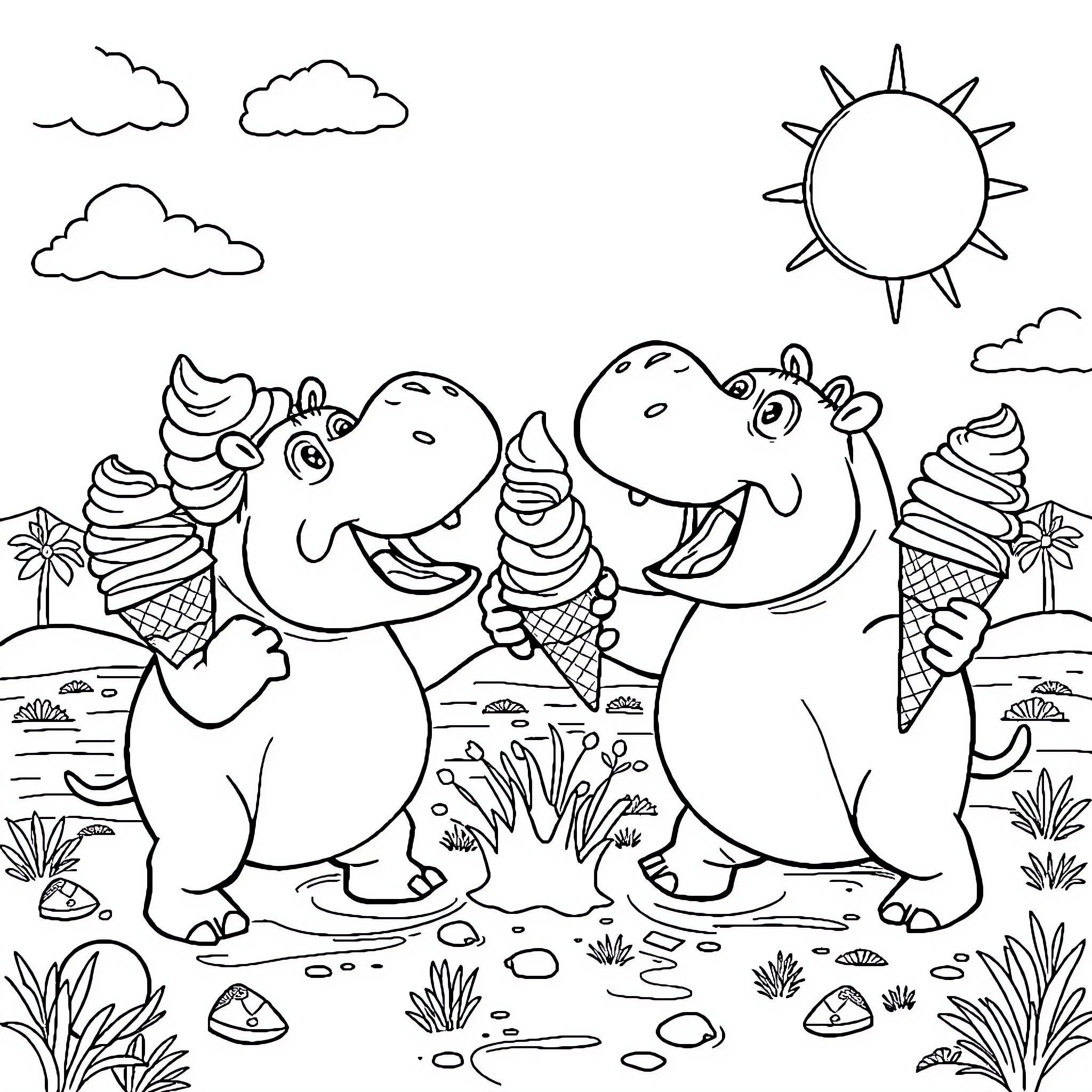 Ice Cream Cone Enjoying A Day With Friendly Dinosaurs Coloring Page (free black-and-white line drawing printable PDF for all, from beginners to advanced learners, including children, teens, adults, and seniors)