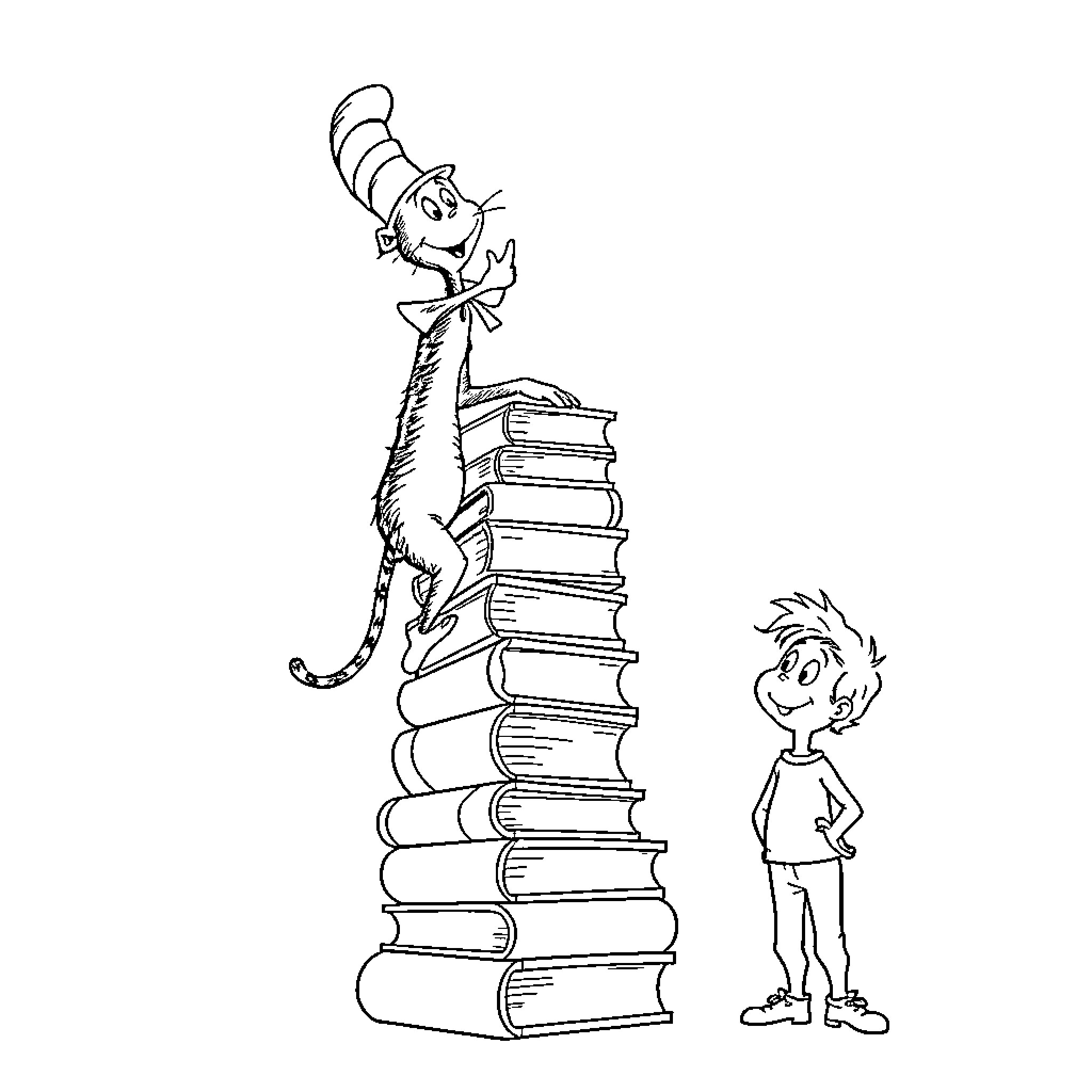 Cat in the Hat balances on books with boy Coloring Page (free black-and-white line drawing printable PDF for all, from beginners to advanced learners, including children, teens, adults, and seniors)
