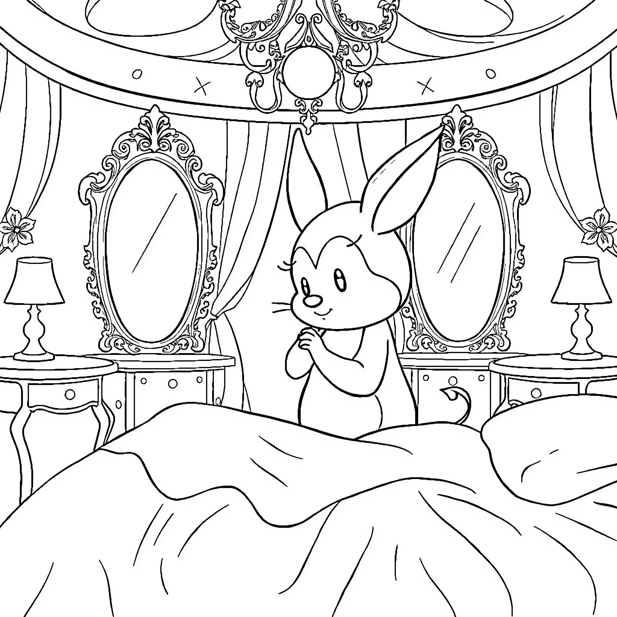 Cinderella's Room with Bunny Companion Coloring Page (free black-and-white line drawing printable PDF for all, from beginners to advanced learners, including children, teens, adults, and seniors)