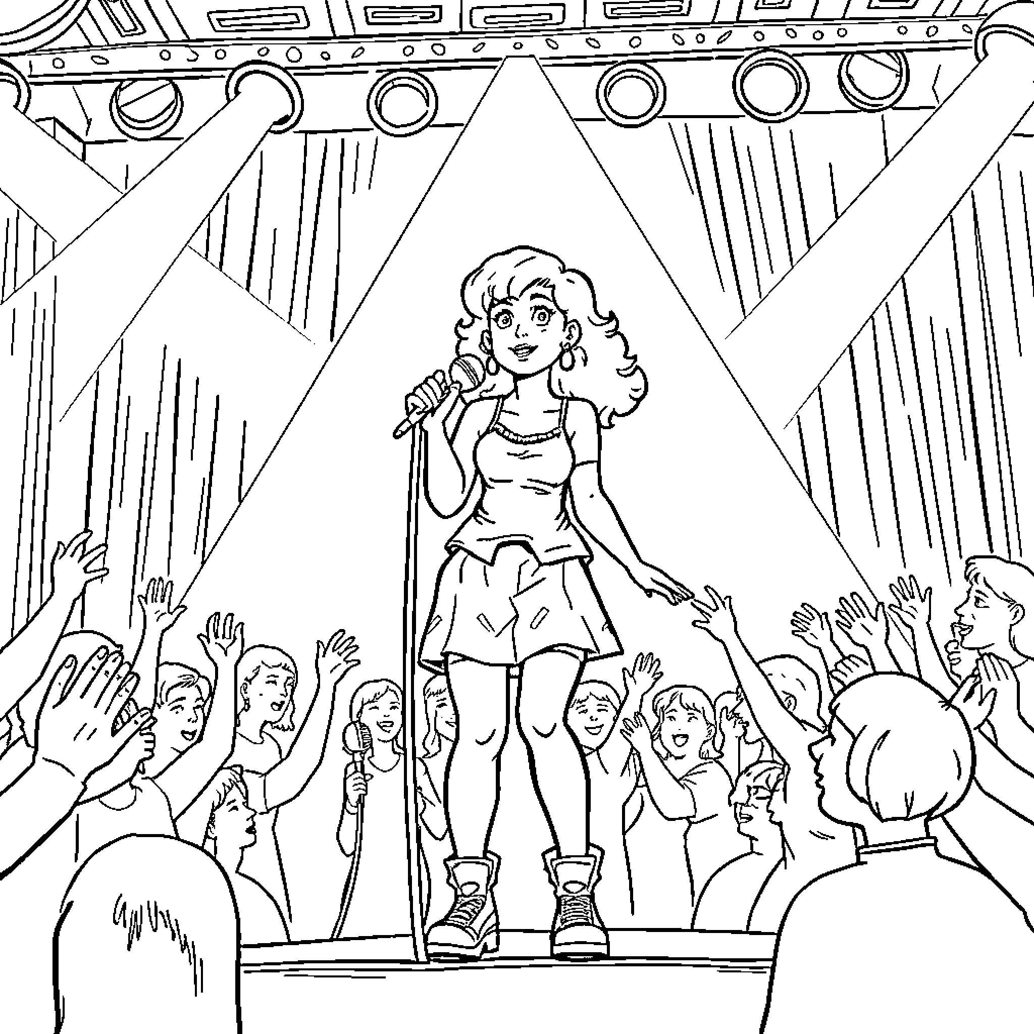 Muna Performs for Adoring Crowd Coloring Page (free black-and-white line drawing printable PDF for all, from beginners to advanced learners, including children, teens, adults, and seniors)