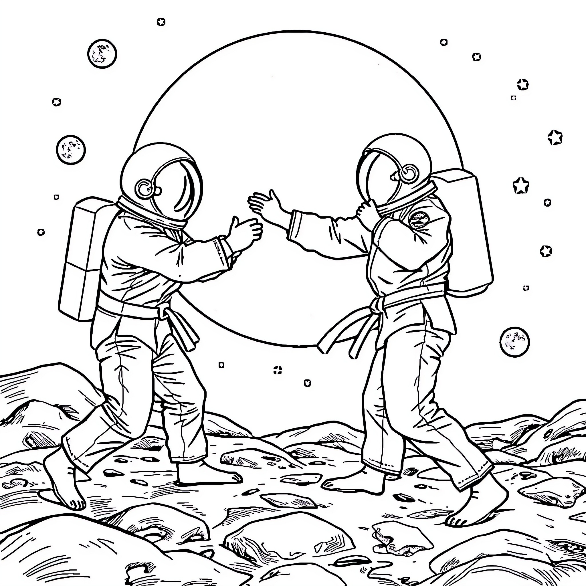 Jujitsu battle between two astronauts in space Coloring Page (free black-and-white line drawing printable PDF for all, from beginners to advanced learners, including children, teens, adults, and seniors)
