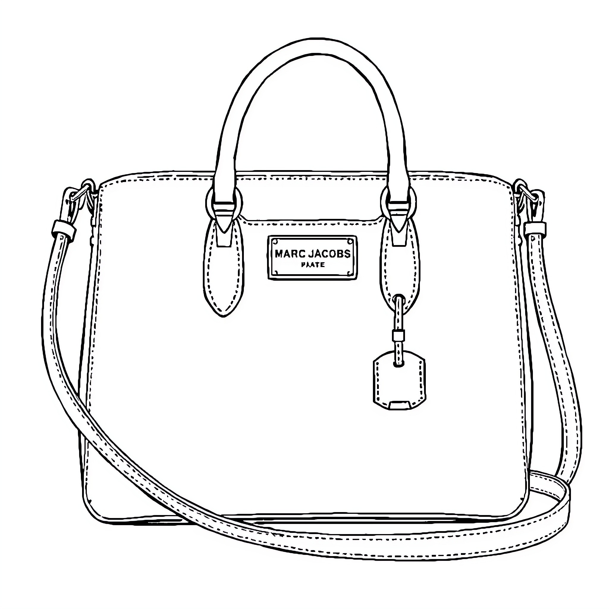 Purse with Brand Name and Accessories Coloring Page (free black-and-white line drawing printable PDF for all, from beginners to advanced learners, including children, teens, adults, and seniors)