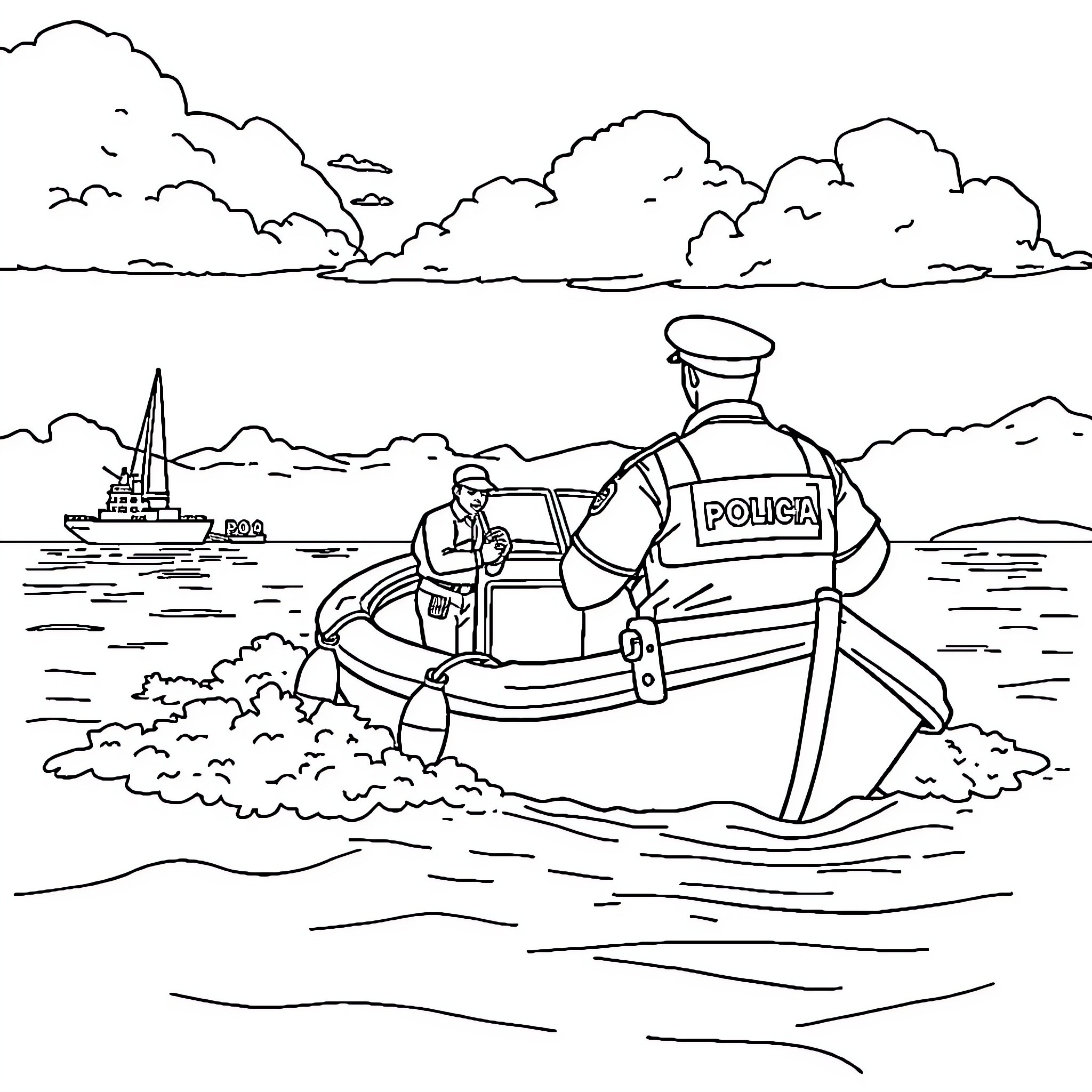 Policía performing water rescue operations Coloring Page (free black-and-white line drawing printable PDF for all, from beginners to advanced learners, including children, teens, adults, and seniors)