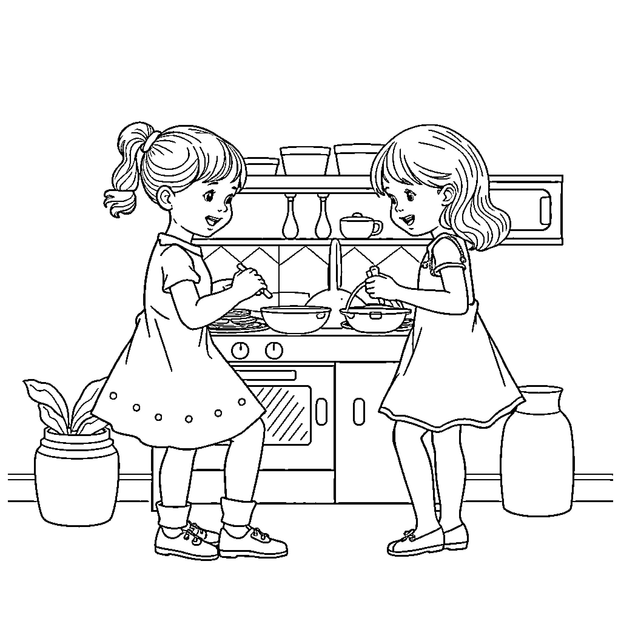 Daughters Assisting with Cooking in the Kitchen Coloring Page (free black-and-white line drawing printable PDF for all, from beginners to advanced learners, including children, teens, adults, and seniors)