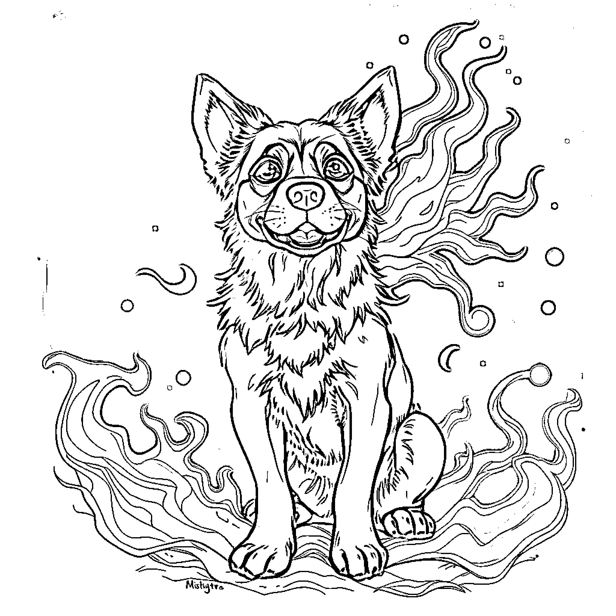 Dog with flowing fur and fiery expression Coloring Page (free black-and-white line drawing printable PDF for all, from beginners to advanced learners, including children, teens, adults, and seniors)