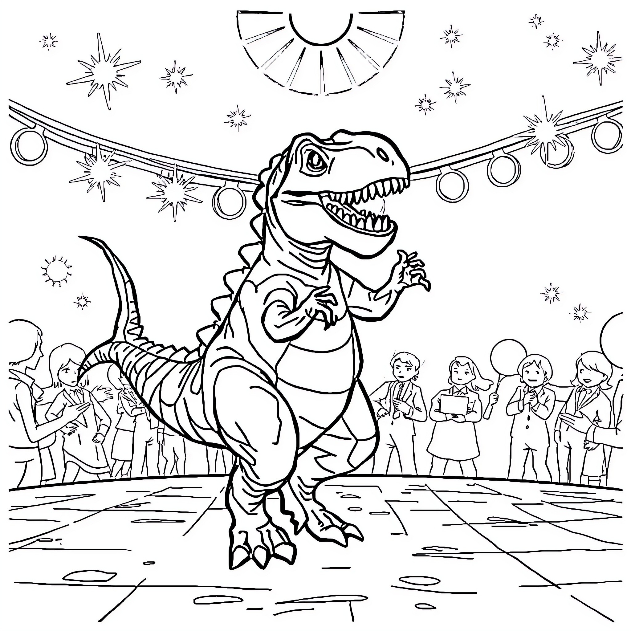 Dinosaur Entertains Audience at Circus Coloring Page (free black-and-white line drawing printable PDF for all, from beginners to advanced learners, including children, teens, adults, and seniors)