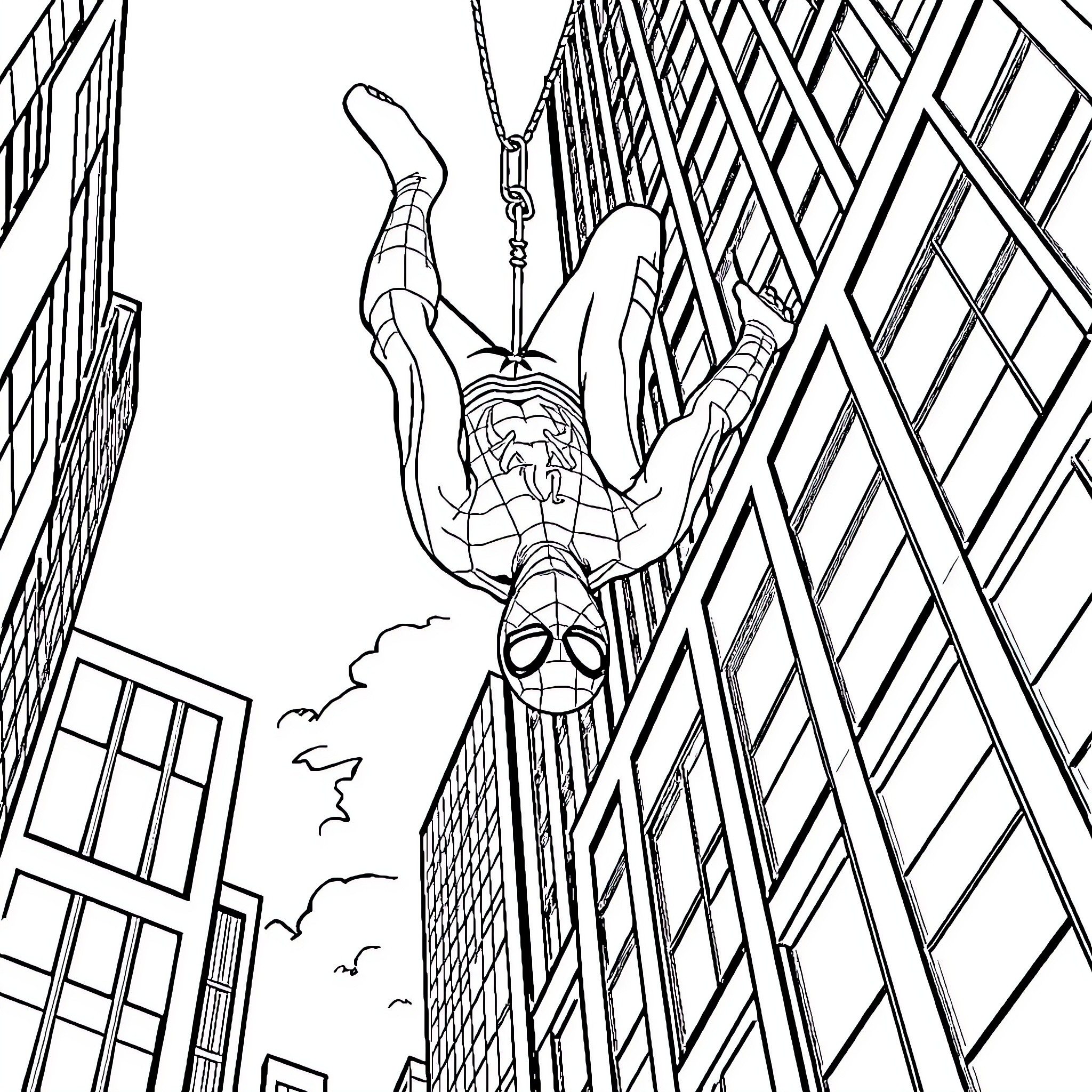 Spider-Man swinging through the city skyline Coloring Page (free black-and-white line drawing printable PDF for all, from beginners to advanced learners, including children, teens, adults, and seniors)