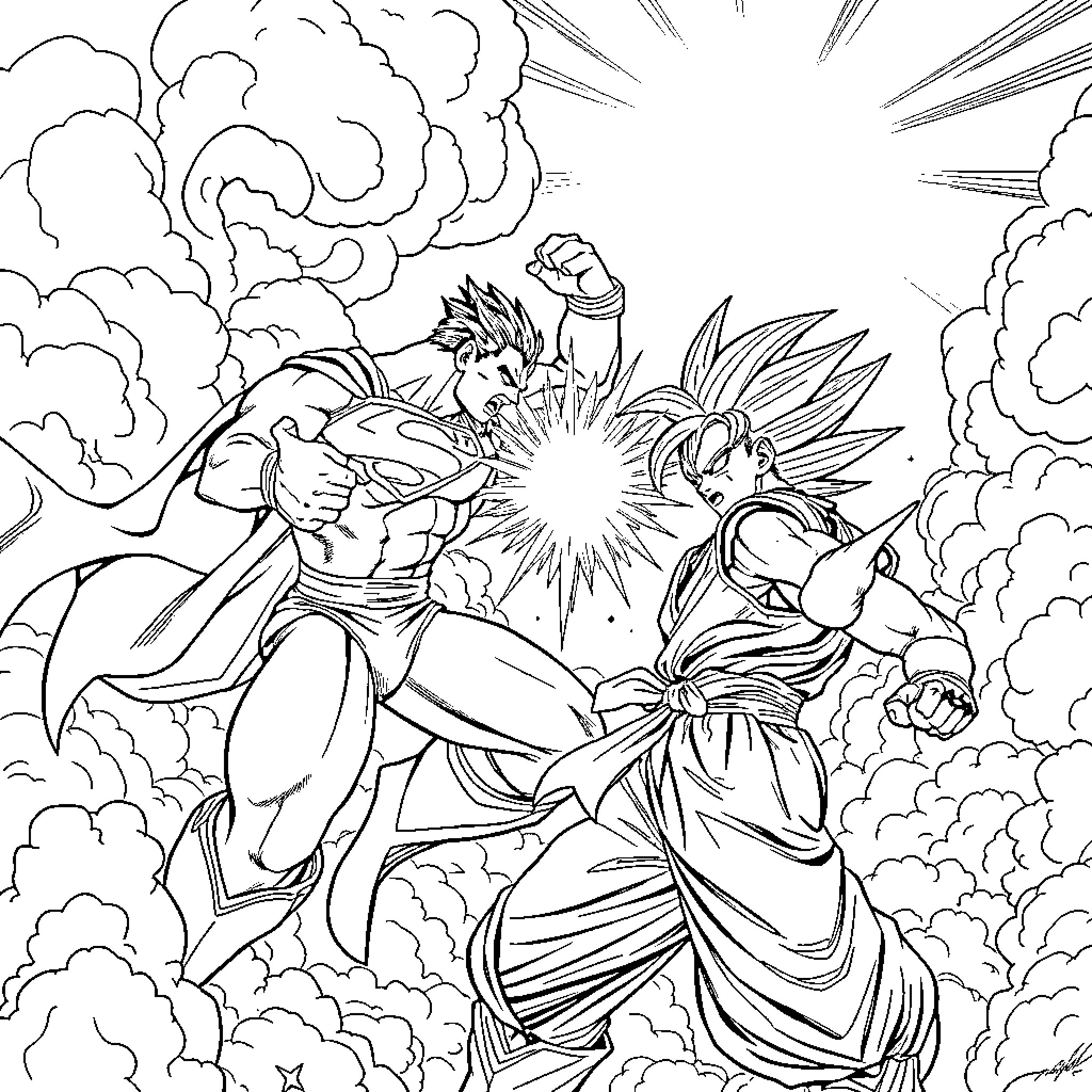 Superman battling heroically in an intense fight scene Coloring Page (free black-and-white line drawing printable PDF for all, from beginners to advanced learners, including children, teens, adults, and seniors)
