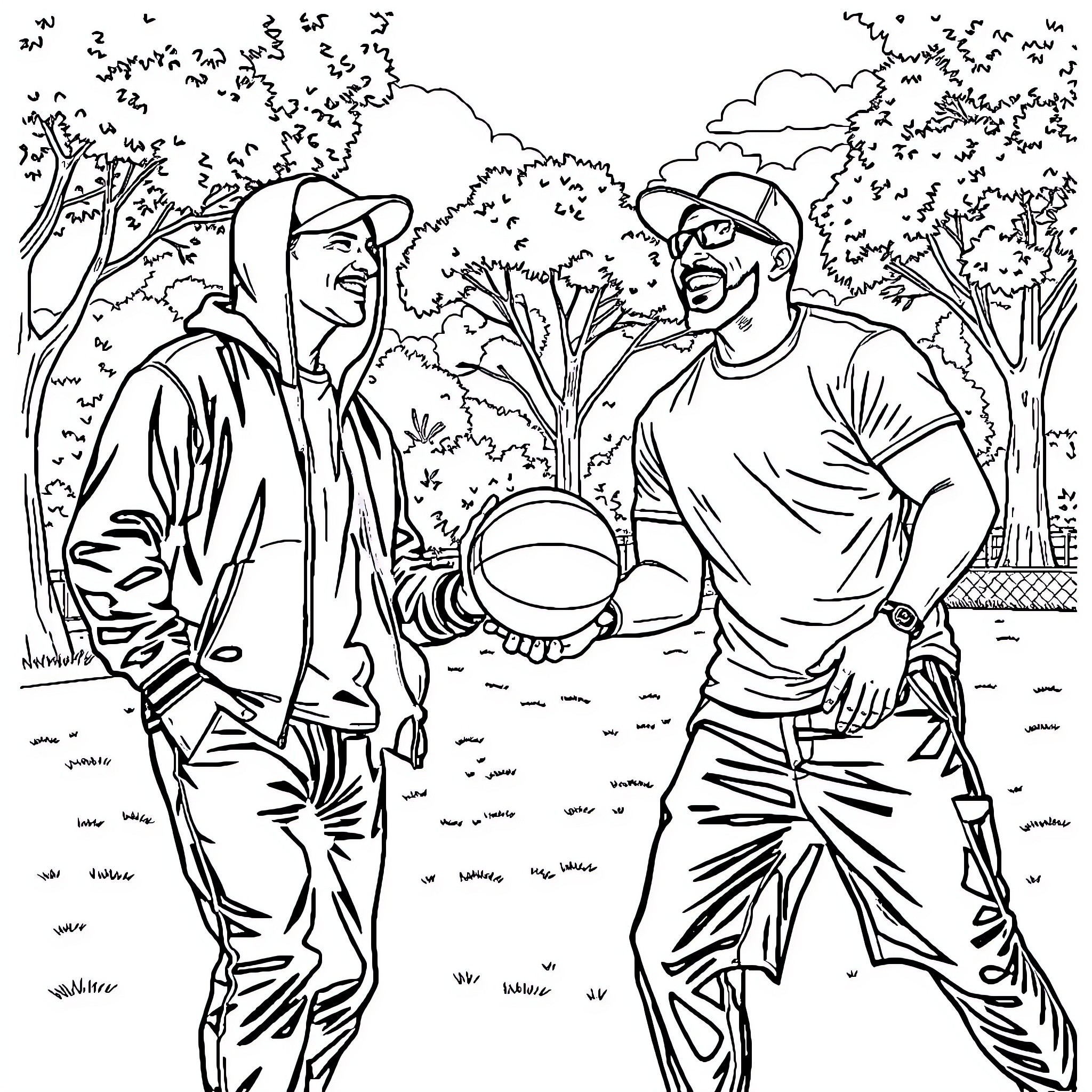 Eminem Collaborating with Fellow Musician in Outdoor Setting Coloring Page (free black-and-white line drawing printable PDF for all, from beginners to advanced learners, including children, teens, adults, and seniors)