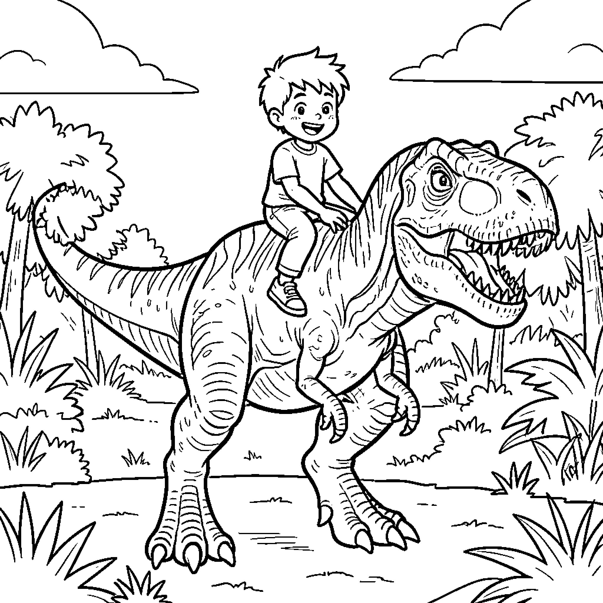 Boy riding a large dinosaur through a jungle Coloring Page (free black-and-white line drawing printable PDF for all, from beginners to advanced learners, including children, teens, adults, and seniors)