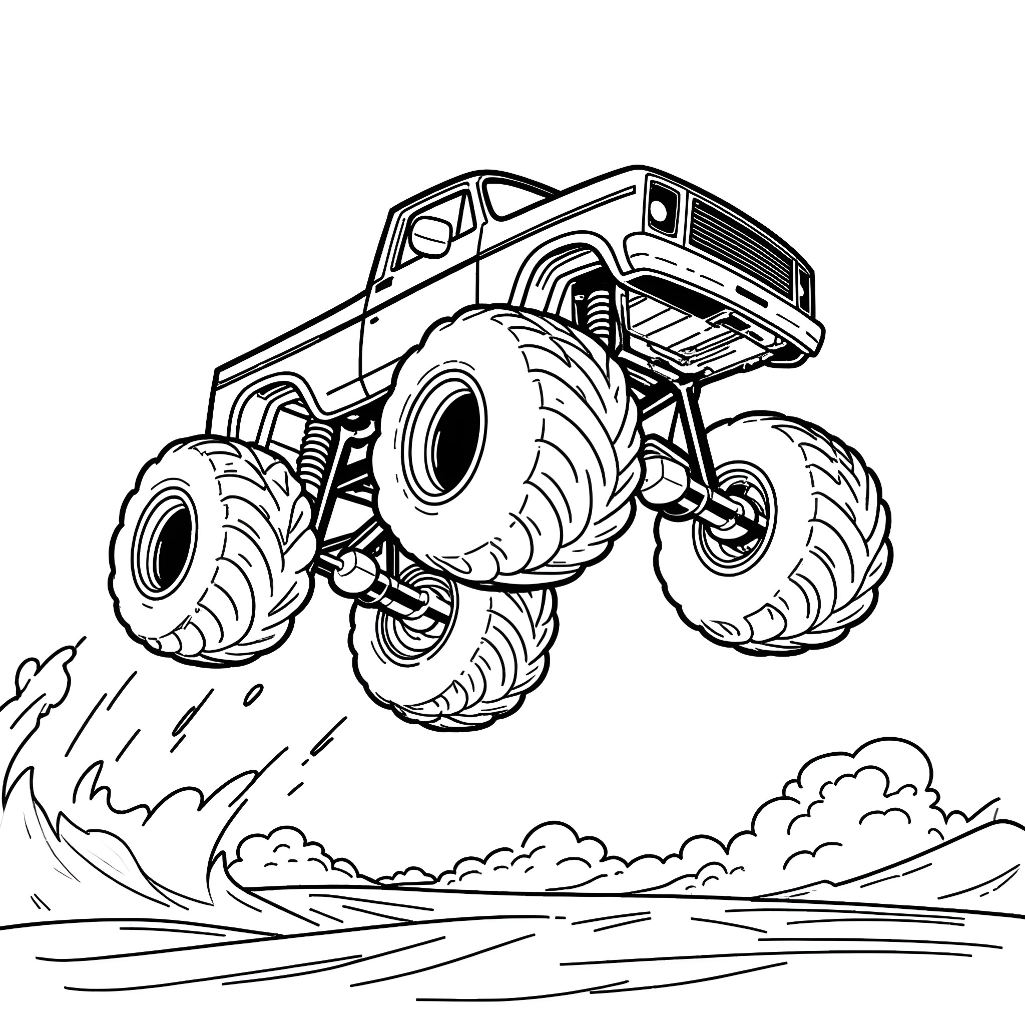Monster Truck Jumping Over Rugged Terrain Coloring Page (free black-and-white line drawing printable PDF for all, from beginners to advanced learners, including children, teens, adults, and seniors)
